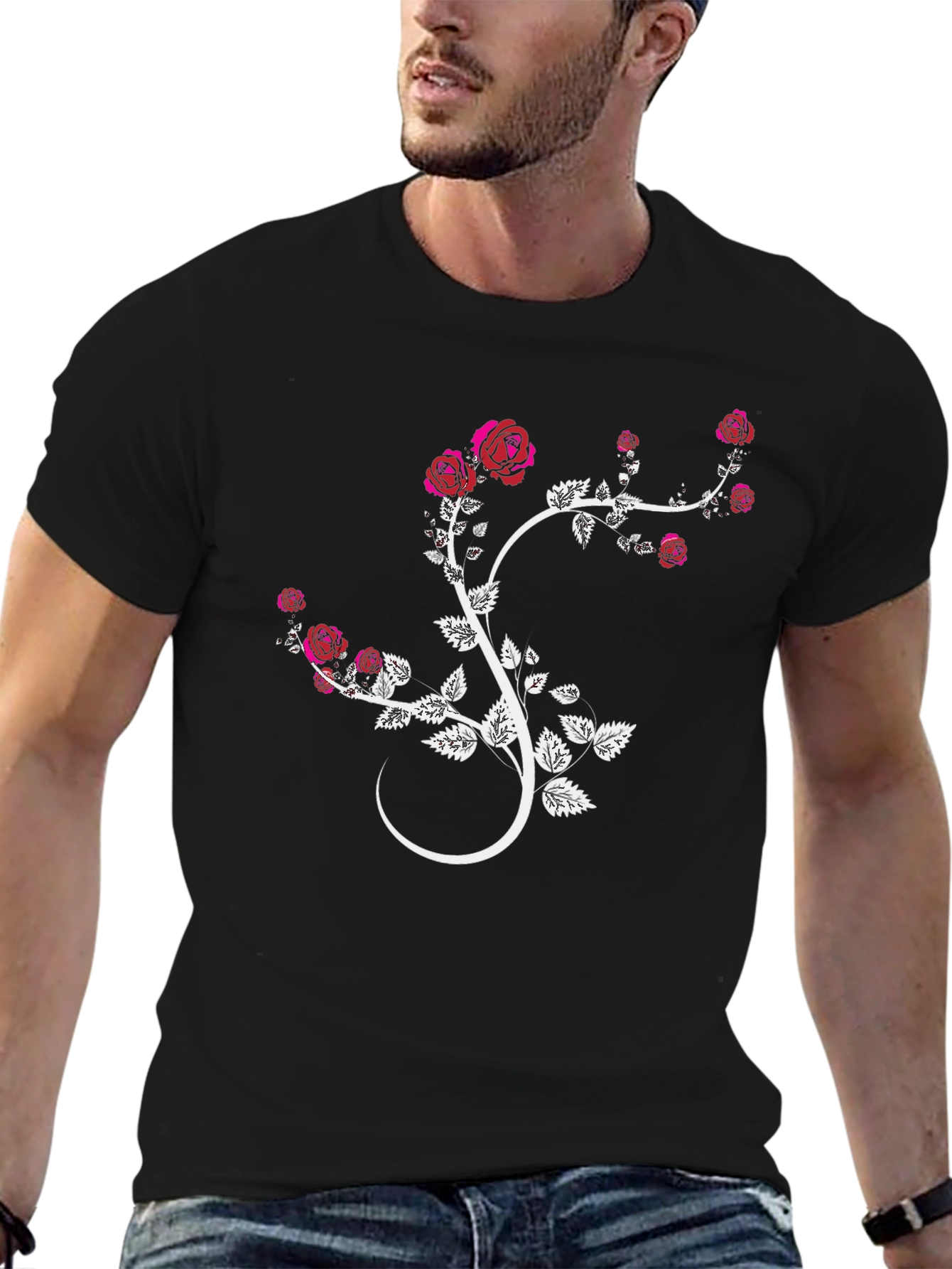 Black Floral Rose Vine Graphic Tee - Black Cotton Blend view 6
