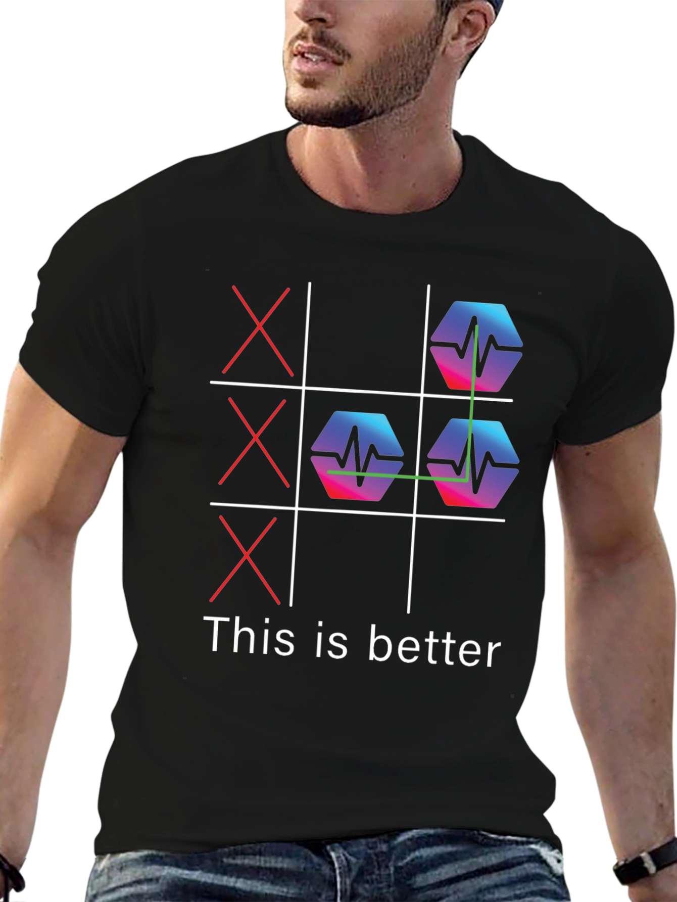 Black Tic-Tac-Toe ECG Pulse Black Graphic Tee view 6