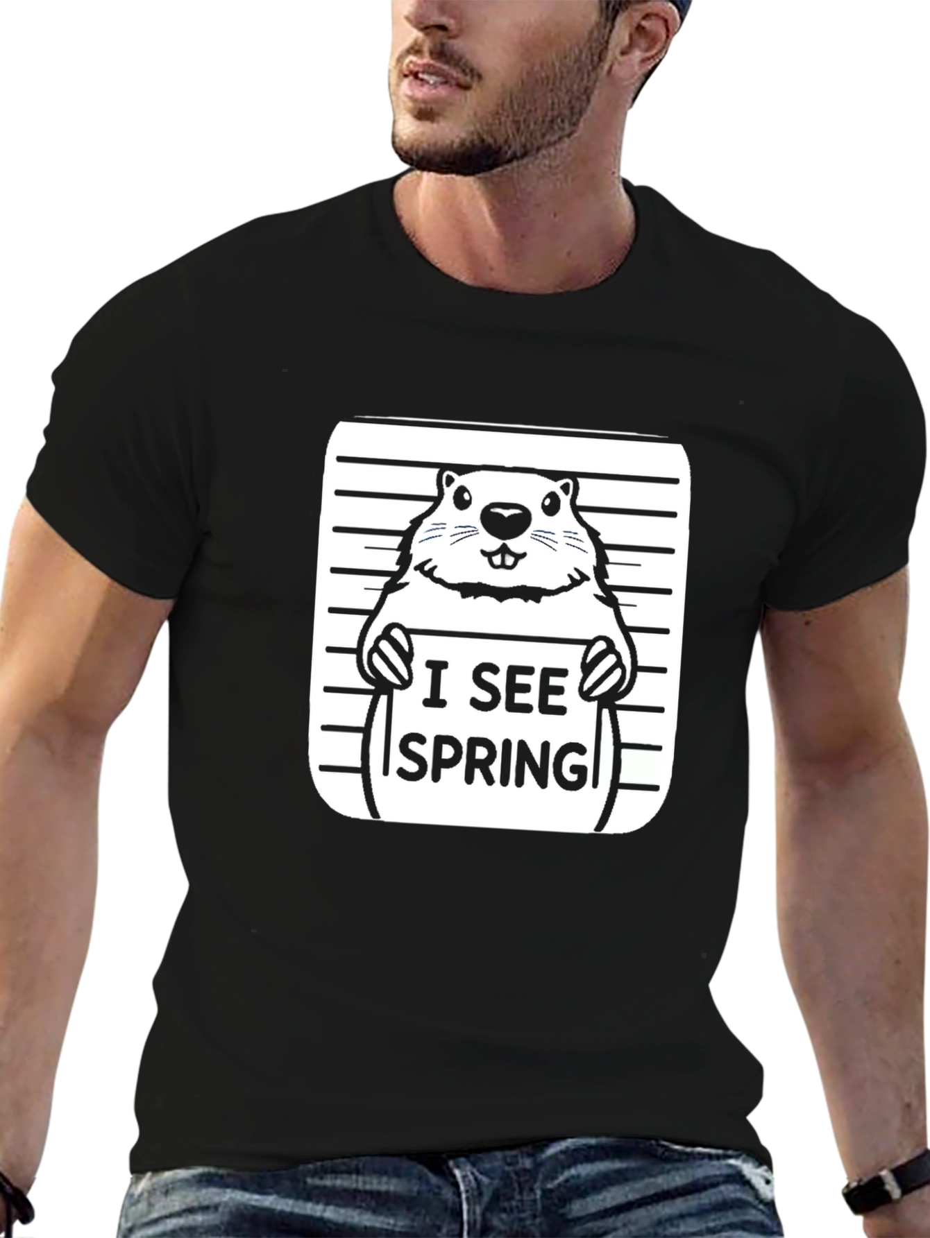 Black I See Spring Groundhog T-Shirt view 6