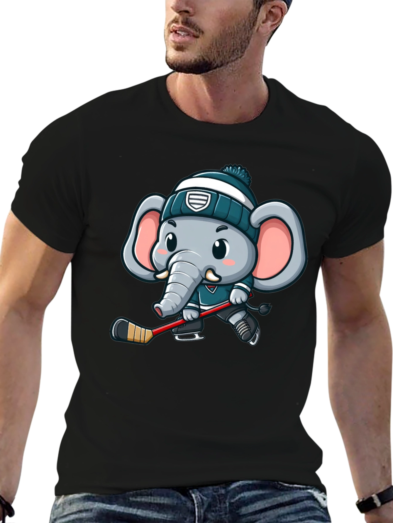 Black Cartoon Elephant Hockey T-Shirt view 6