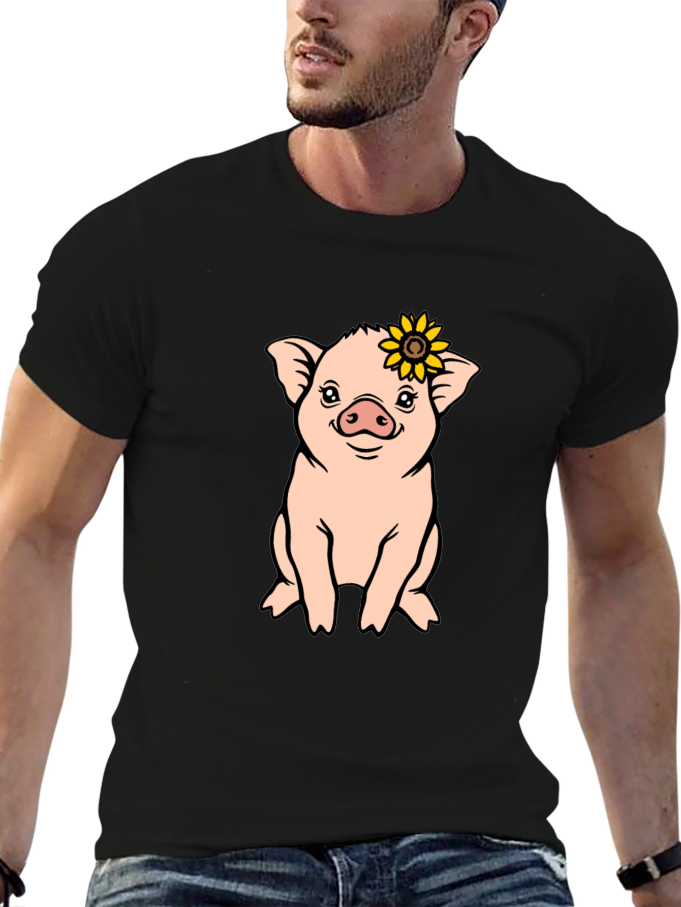 Black Cute Pig with Sunflower Graphic T-Shirt view 6