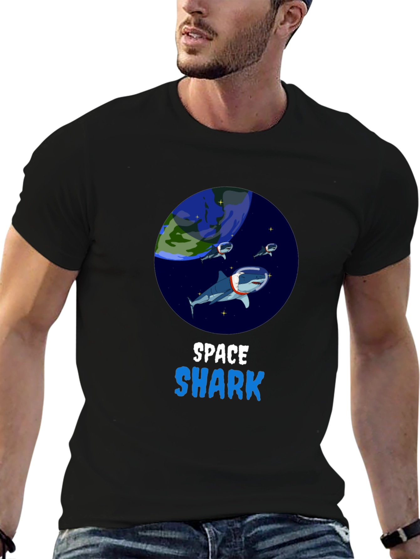 Black Space Shark T-Shirt - Novelty Graphic Tee view 6
