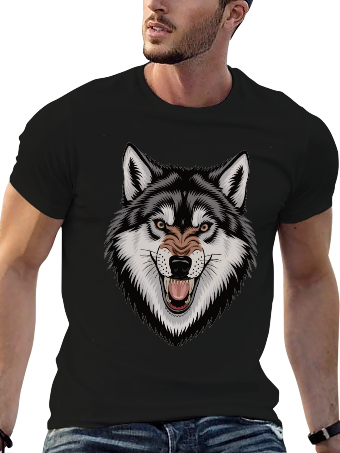Black Men's Wolf Graphic Tee - Fierce Design, Black Cotton T-Shirt view 6