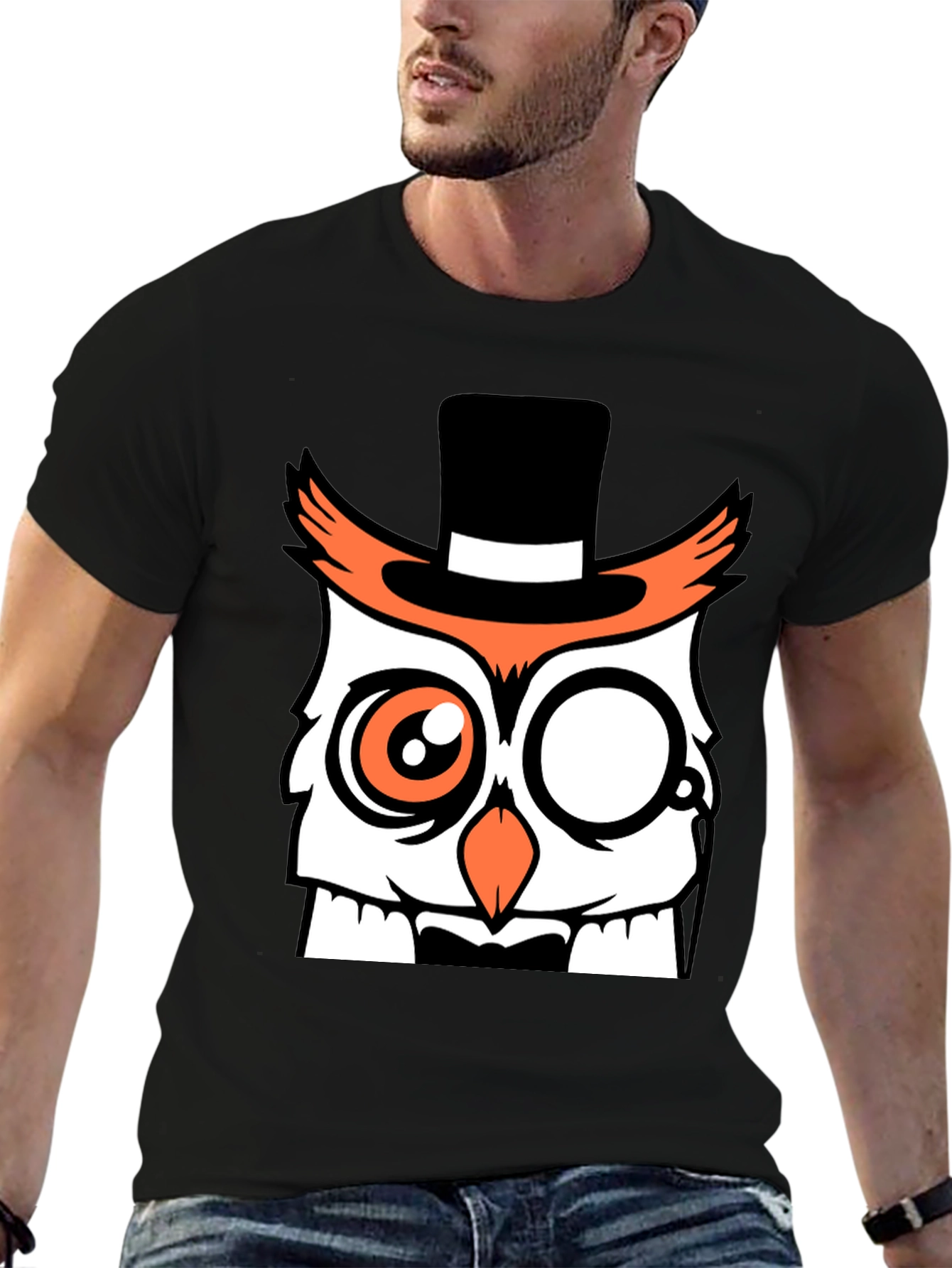 Black Dapper Owl T-Shirt - Funny Cartoon Design view 6