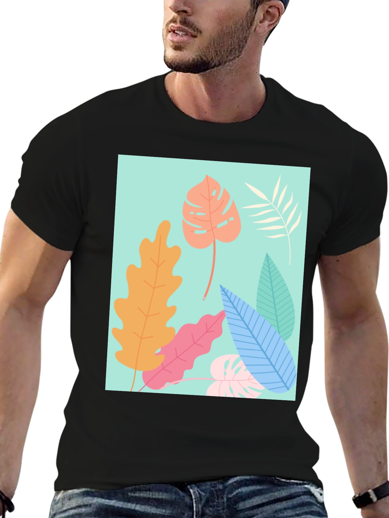 Black Tropical Leaves Graphic Tee - Black Cotton T-Shirt view 6