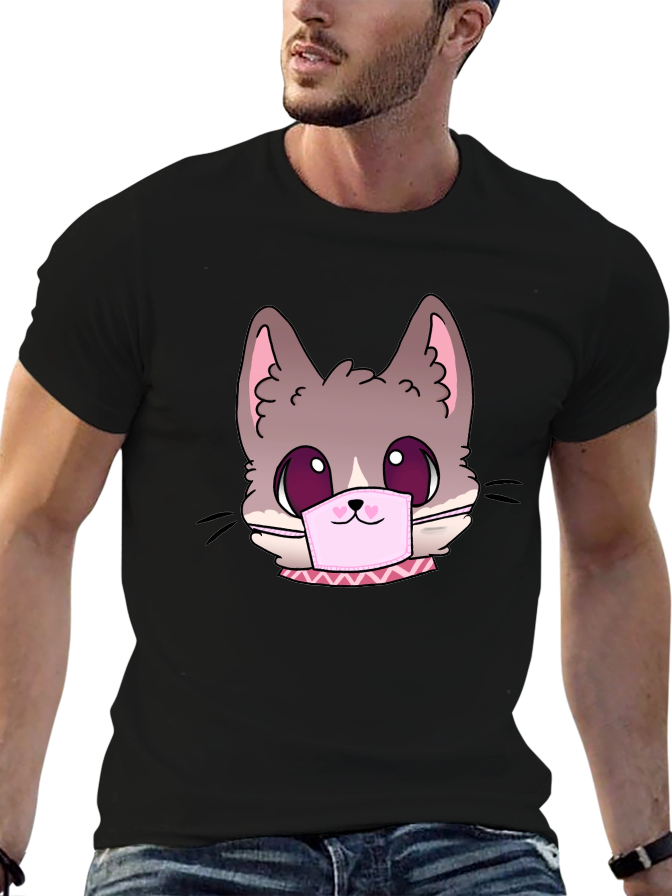 Black Cute Cat Face Mask Graphic T-Shirt view 6