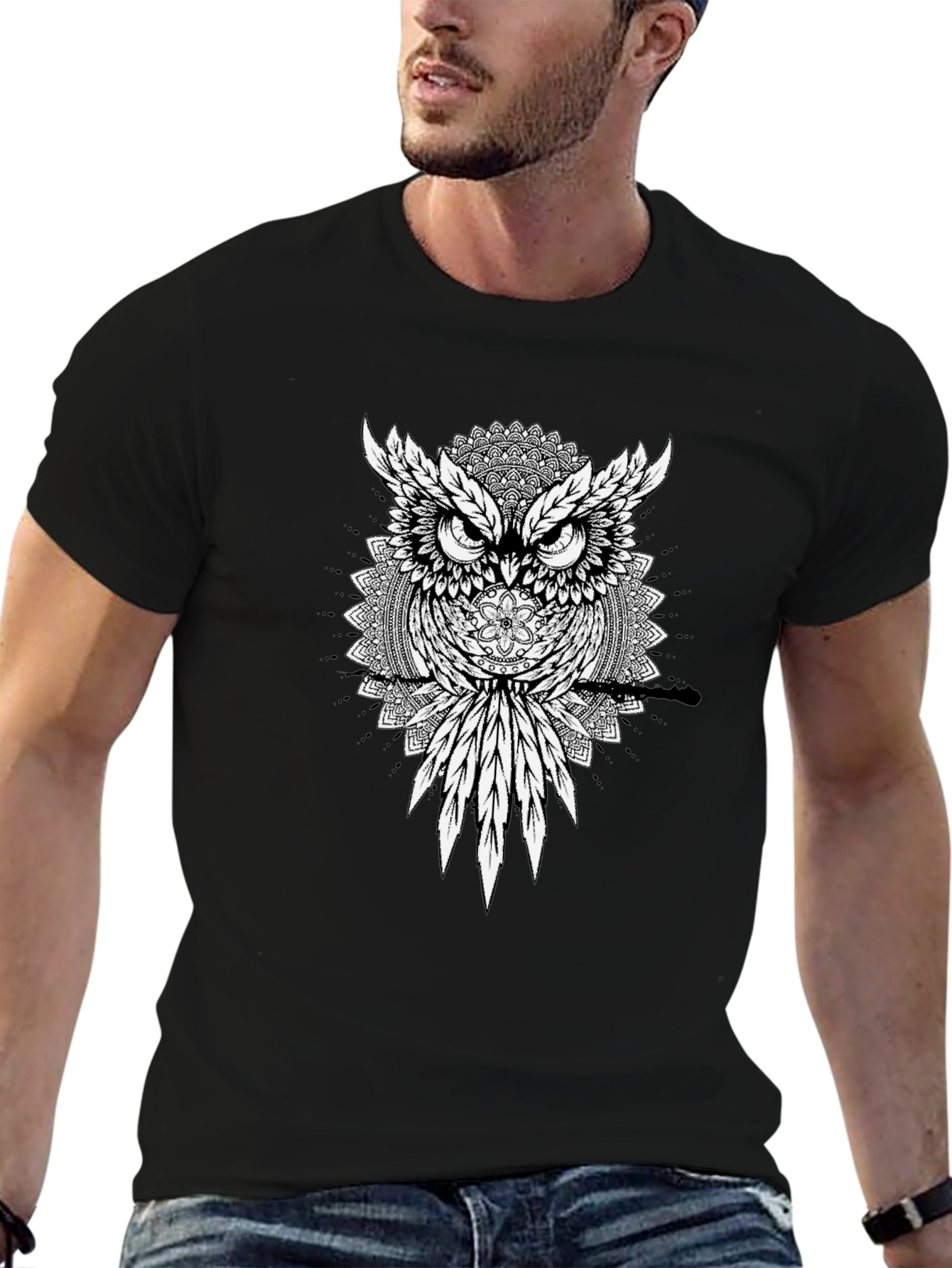 Black Owl Mandala Graphic Tee - Men's Black T-Shirt view 6