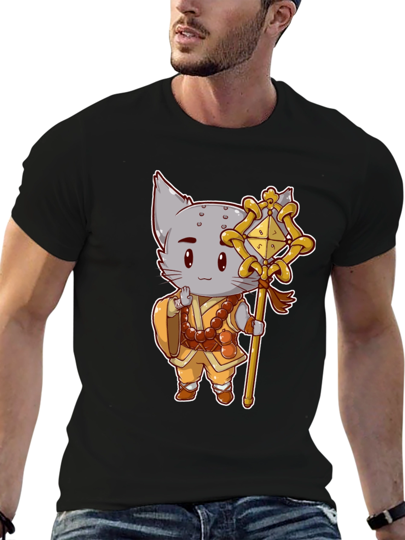 Black Monk Cat T-Shirt - Cute Anime Style view 6