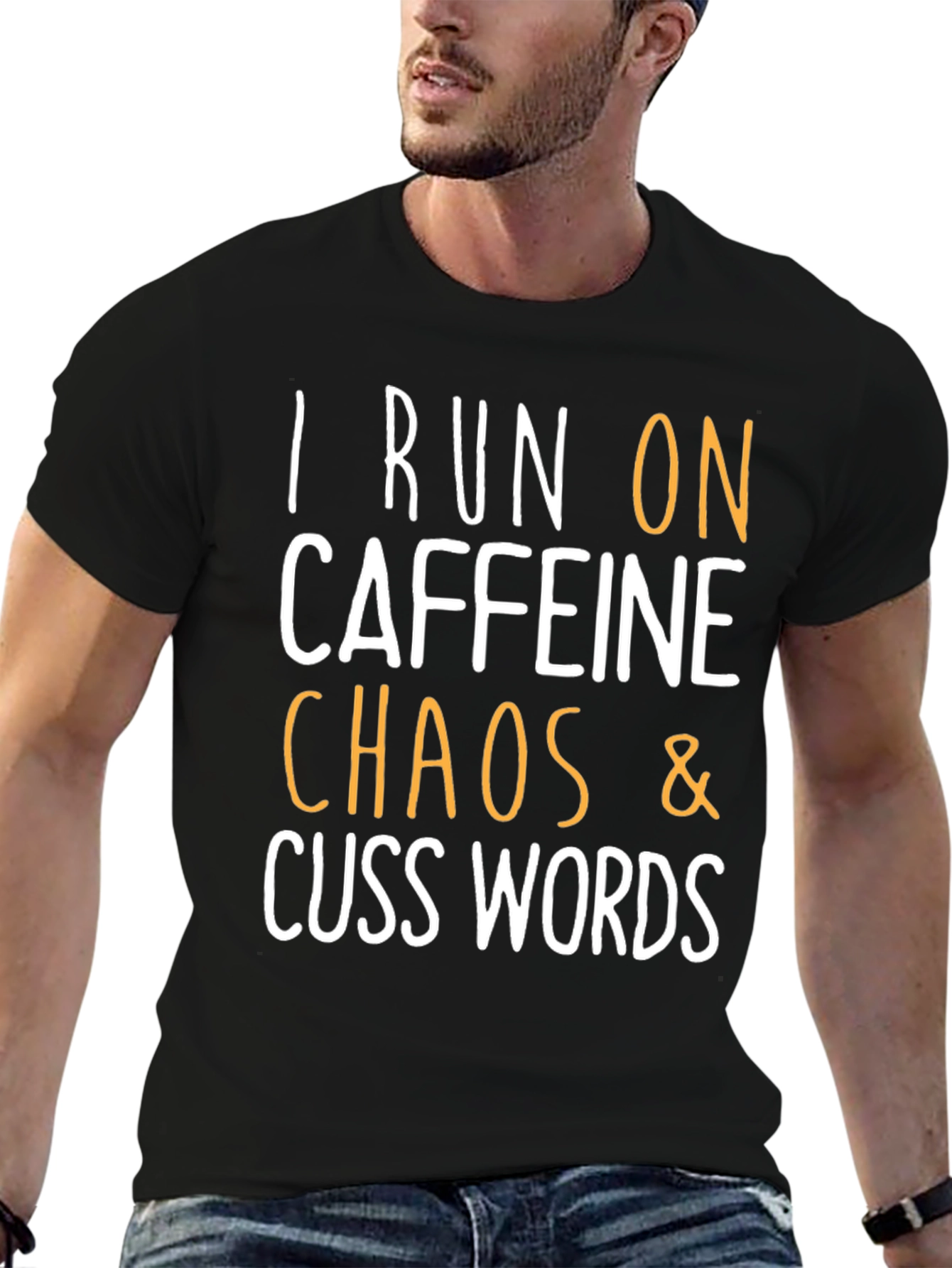 Black I Run On Caffeine, Chaos & Cuss Words T-Shirt view 6