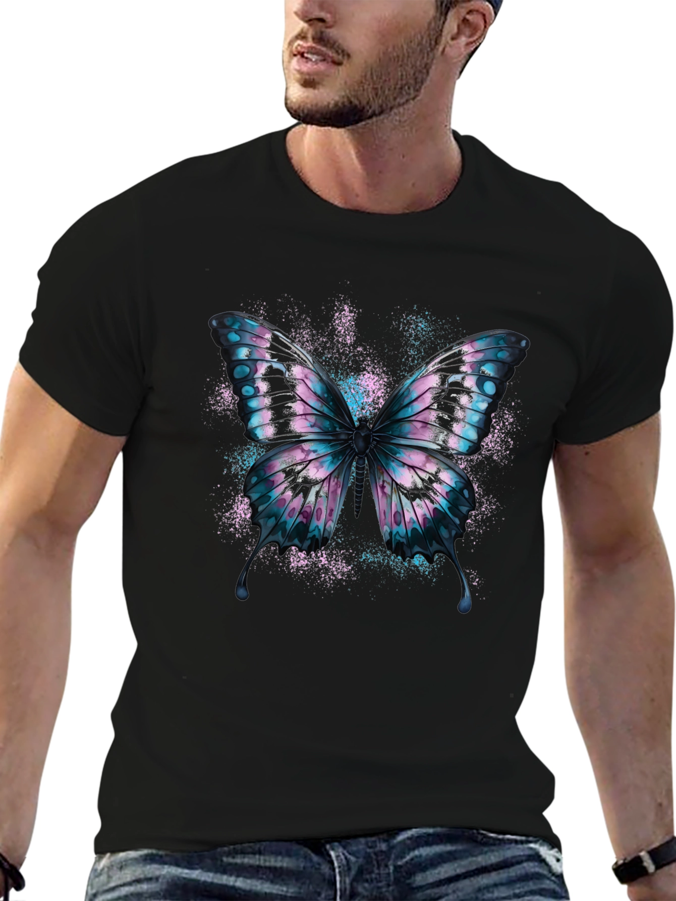 Black Butterfly Graphic Black Cotton T-Shirt view 6