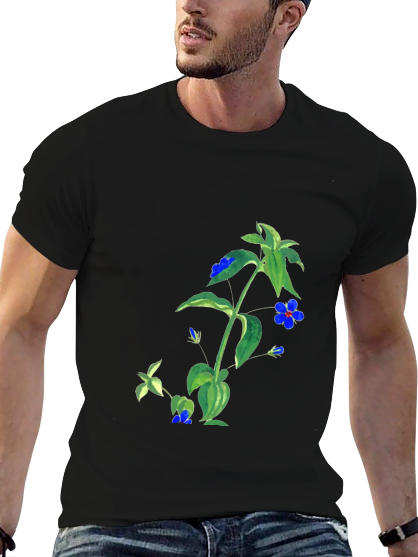 Black Botanical Blue Flower Graphic Black T-Shirt view 6