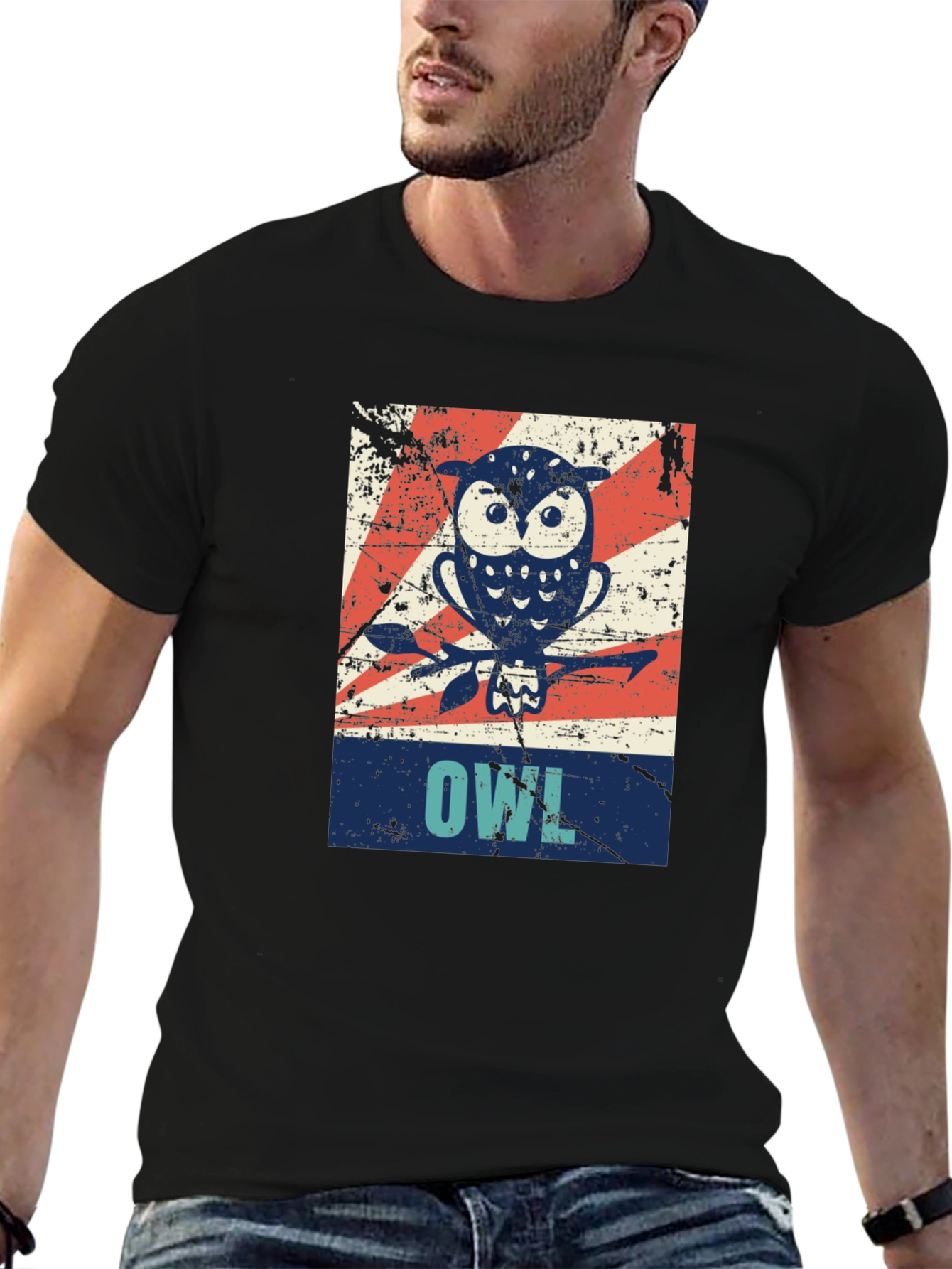 Black Vintage Owl Graphic Tee - Unisex Black T-Shirt view 6