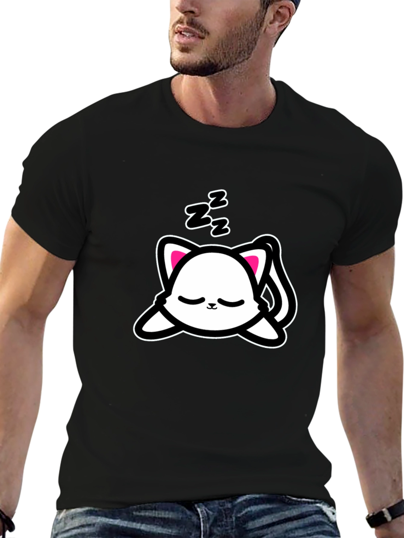 Black Cute Sleeping Cat Graphic Tee - Black view 6