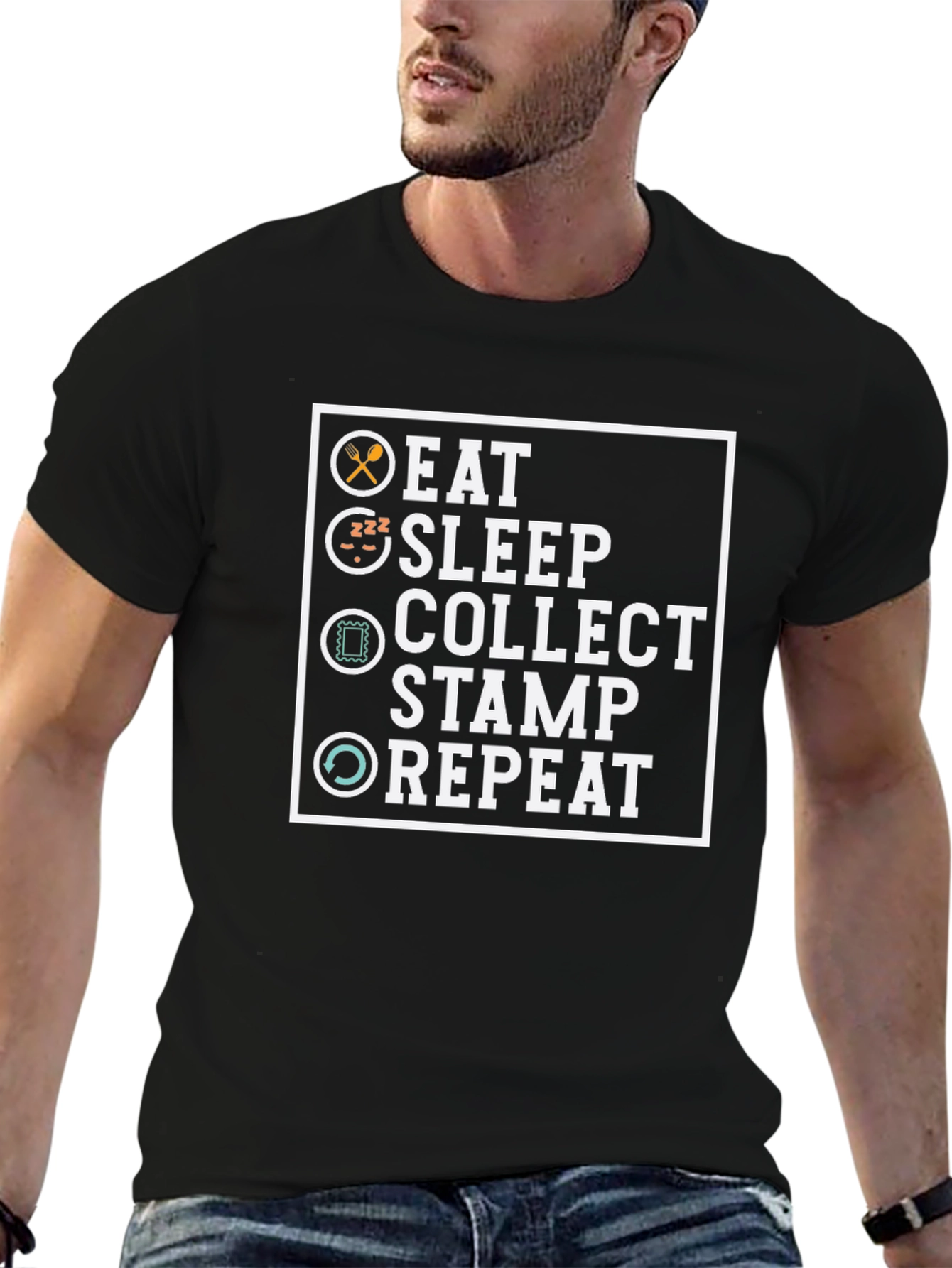 Black Eat Sleep Collect Stamp Repeat Graphic T-Shirt view 6