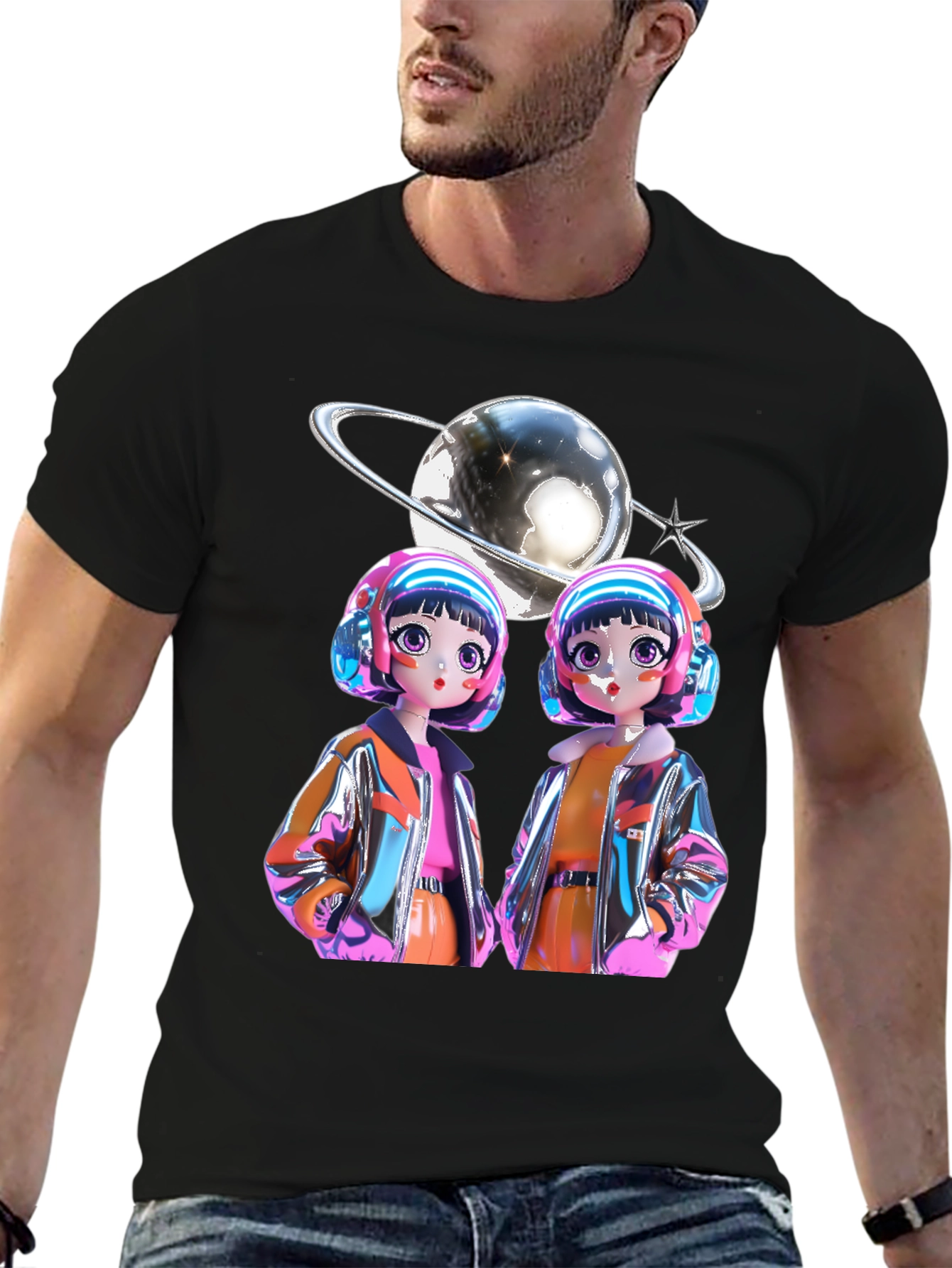 Black Retro Anime Twins Graphic Tee - Black Cotton T-Shirt view 6