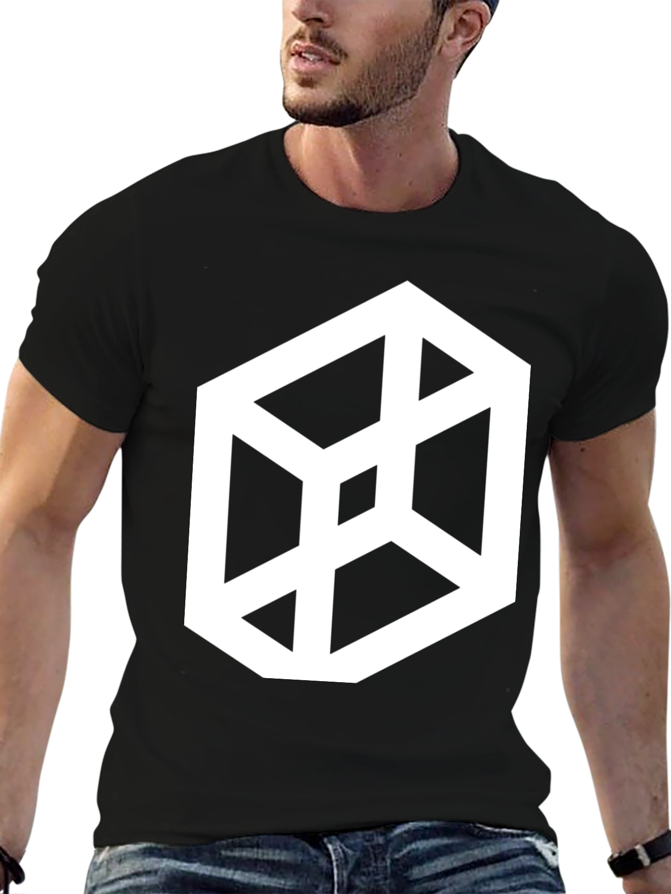 Black Optical Illusion Cube Graphic Tee - Black Casual T-Shirt view 6