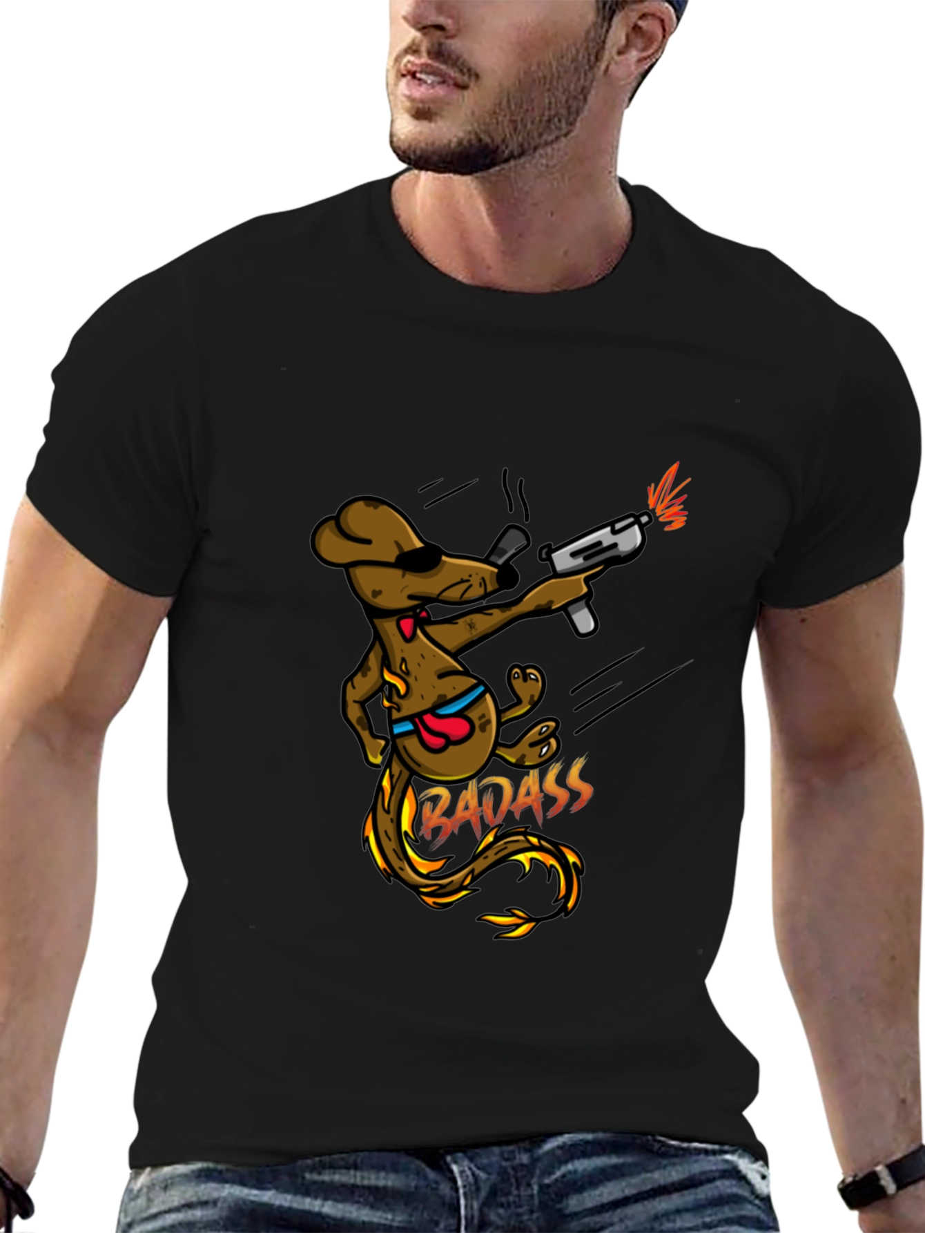 Black Badass Dog with Gun Black T-Shirt view 6