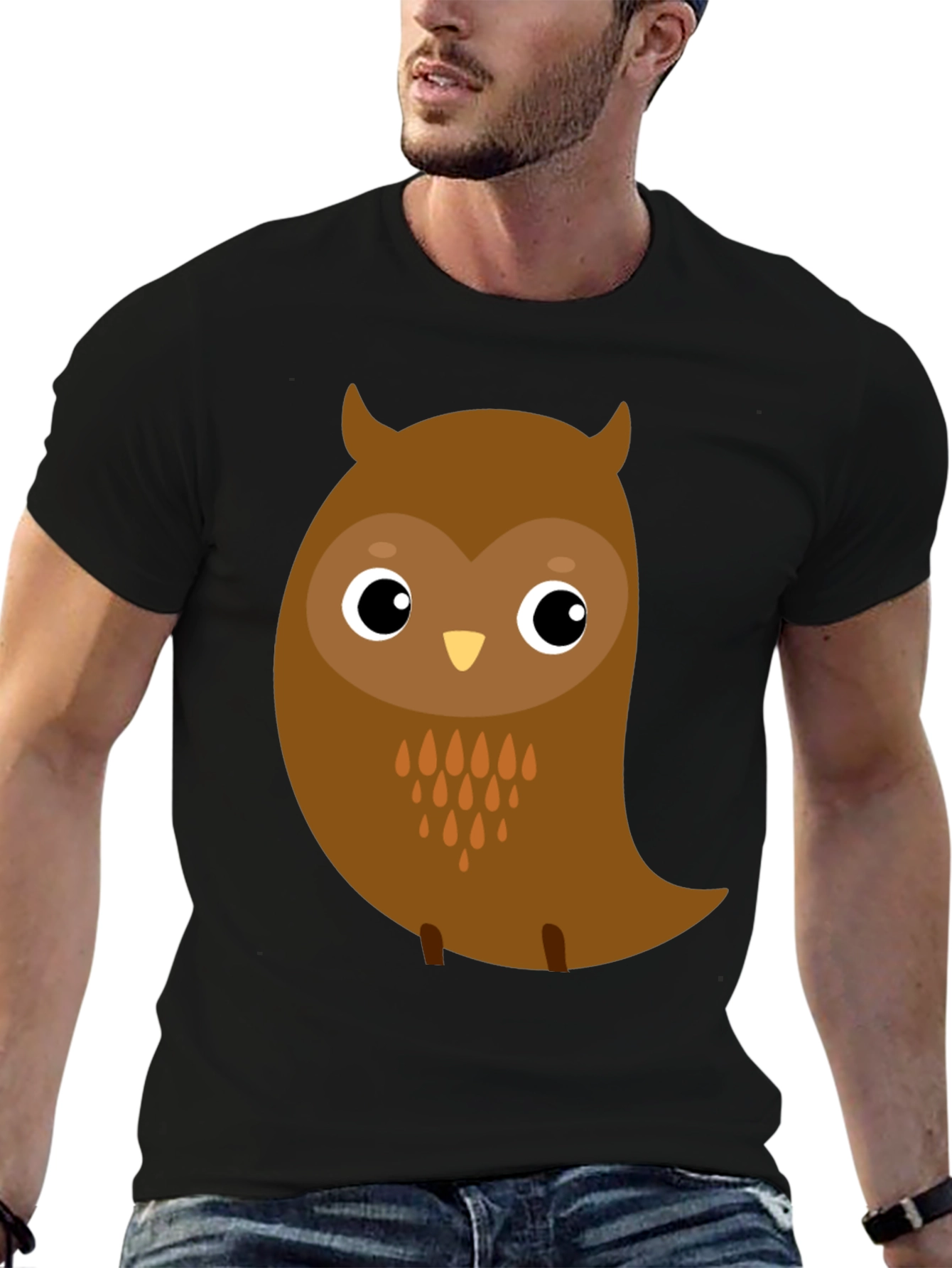 Black Cute Cartoon Owl Graphic Black T-Shirt view 6