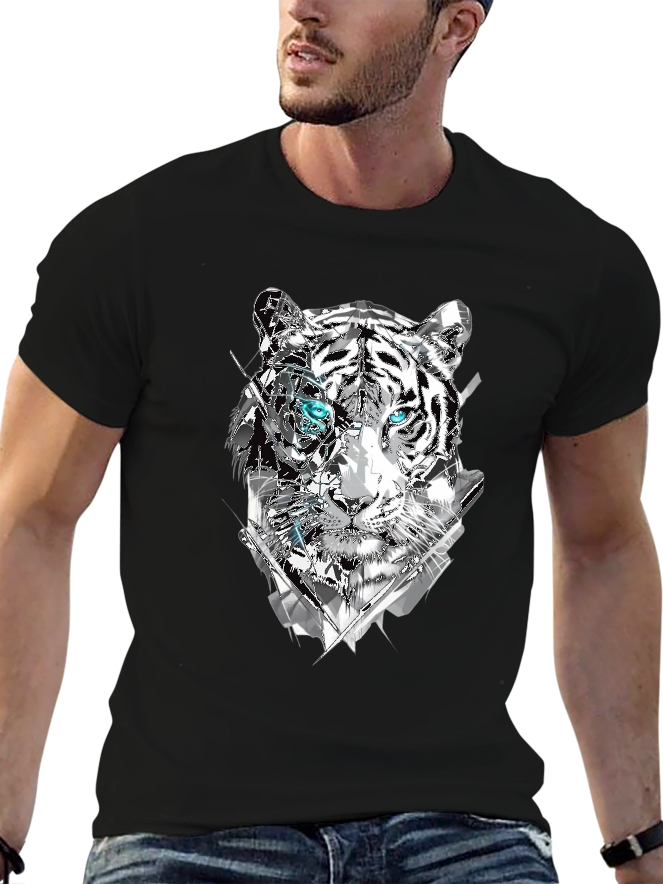 Black Abstract Tiger Graphic Print Tee - Men's Black T-Shirt view 6