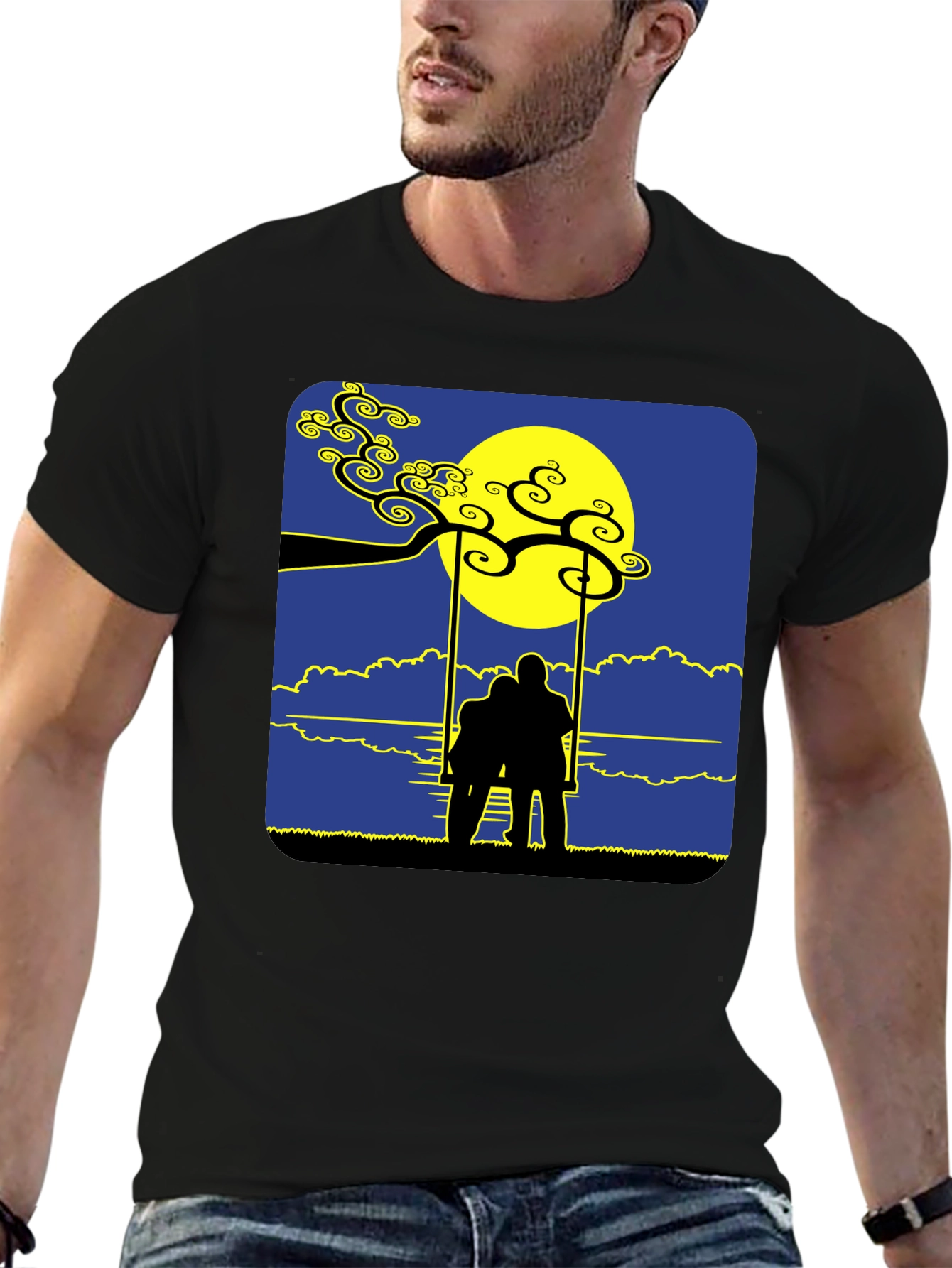 Black Romantic Silhouette Tee: Lovers on a Swing at Moonrise view 6