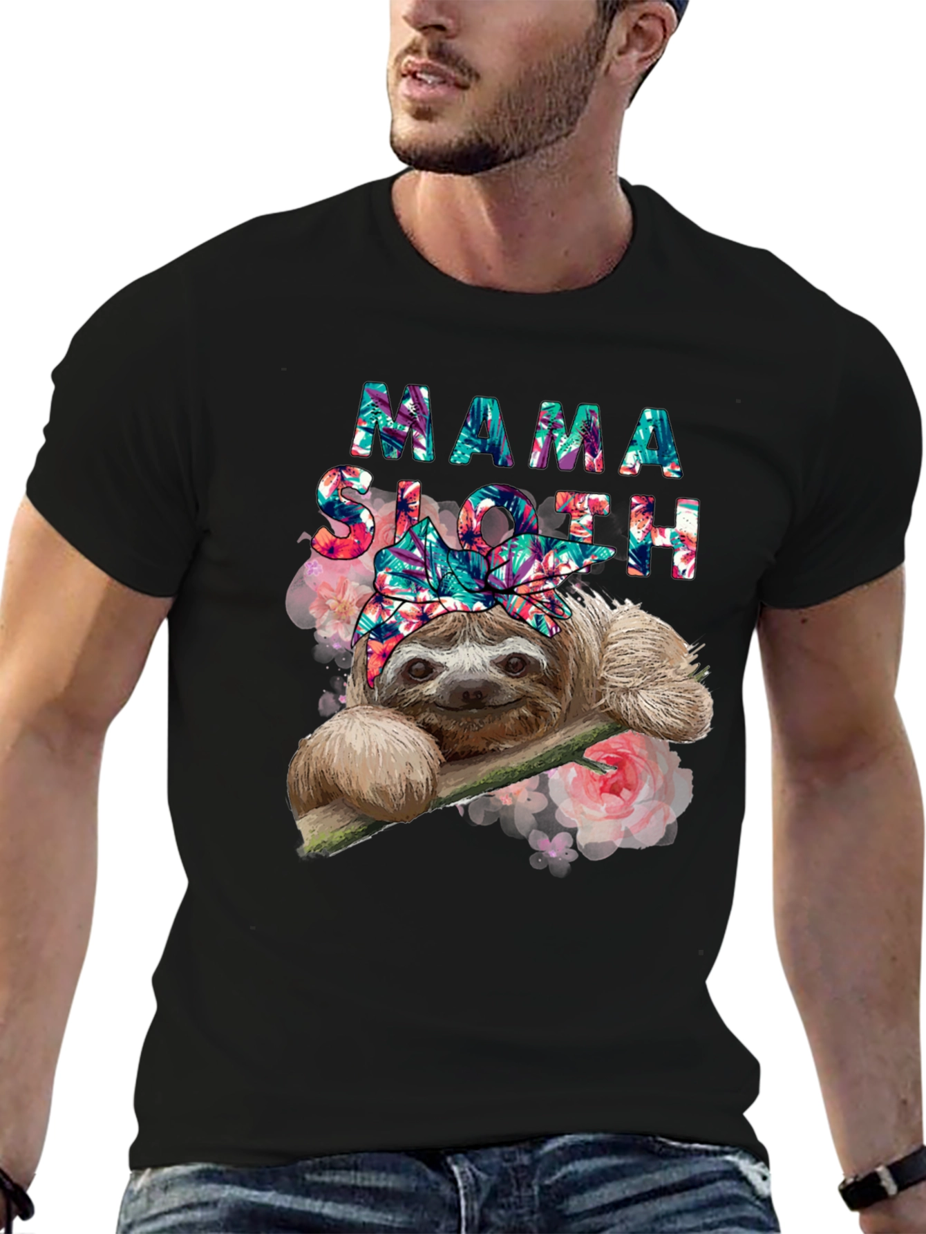 Black Mama Sloth Floral T-Shirt - Cute Animal Tee view 6