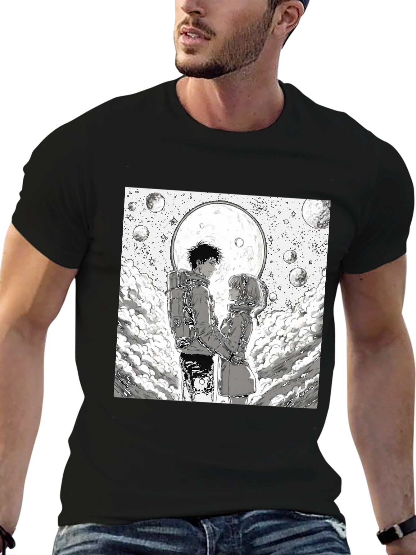 Black Anime Moon Lovers Graphic Tee - Black view 6