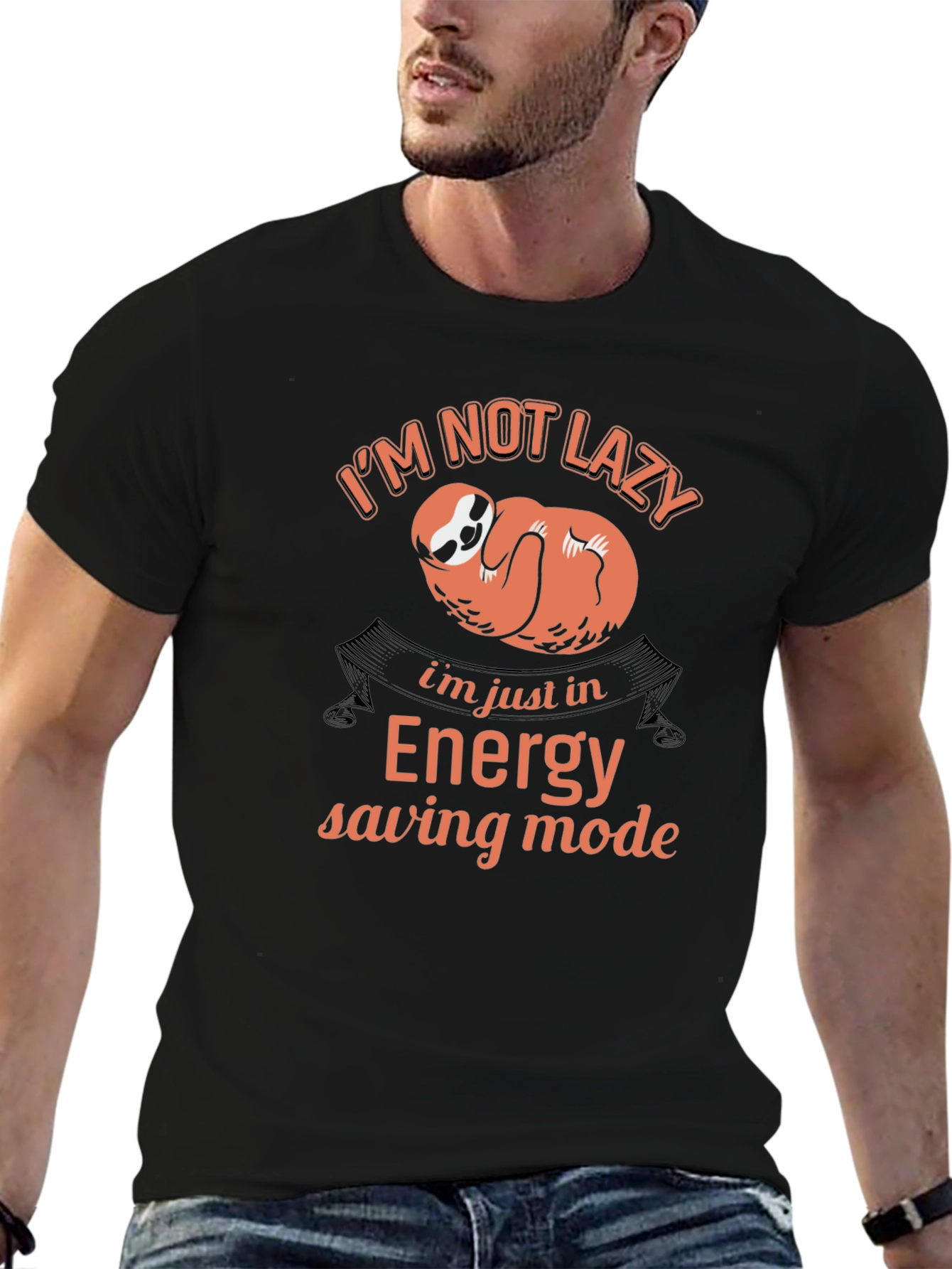 Black Funny Sloth 'Energy Saving Mode' Graphic T-Shirt view 6