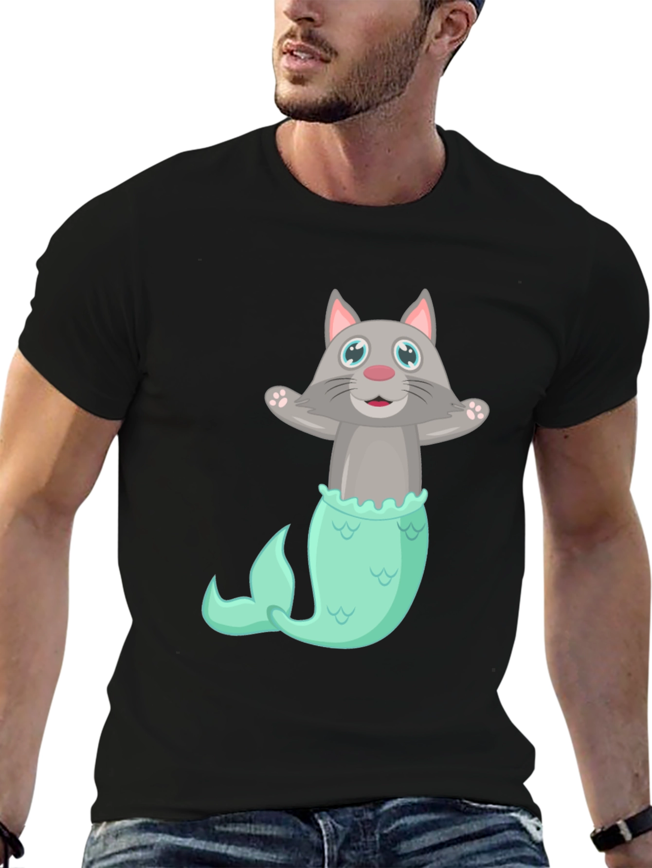 Black Cat Mermaid T-Shirt - Funny Graphic Tee view 6