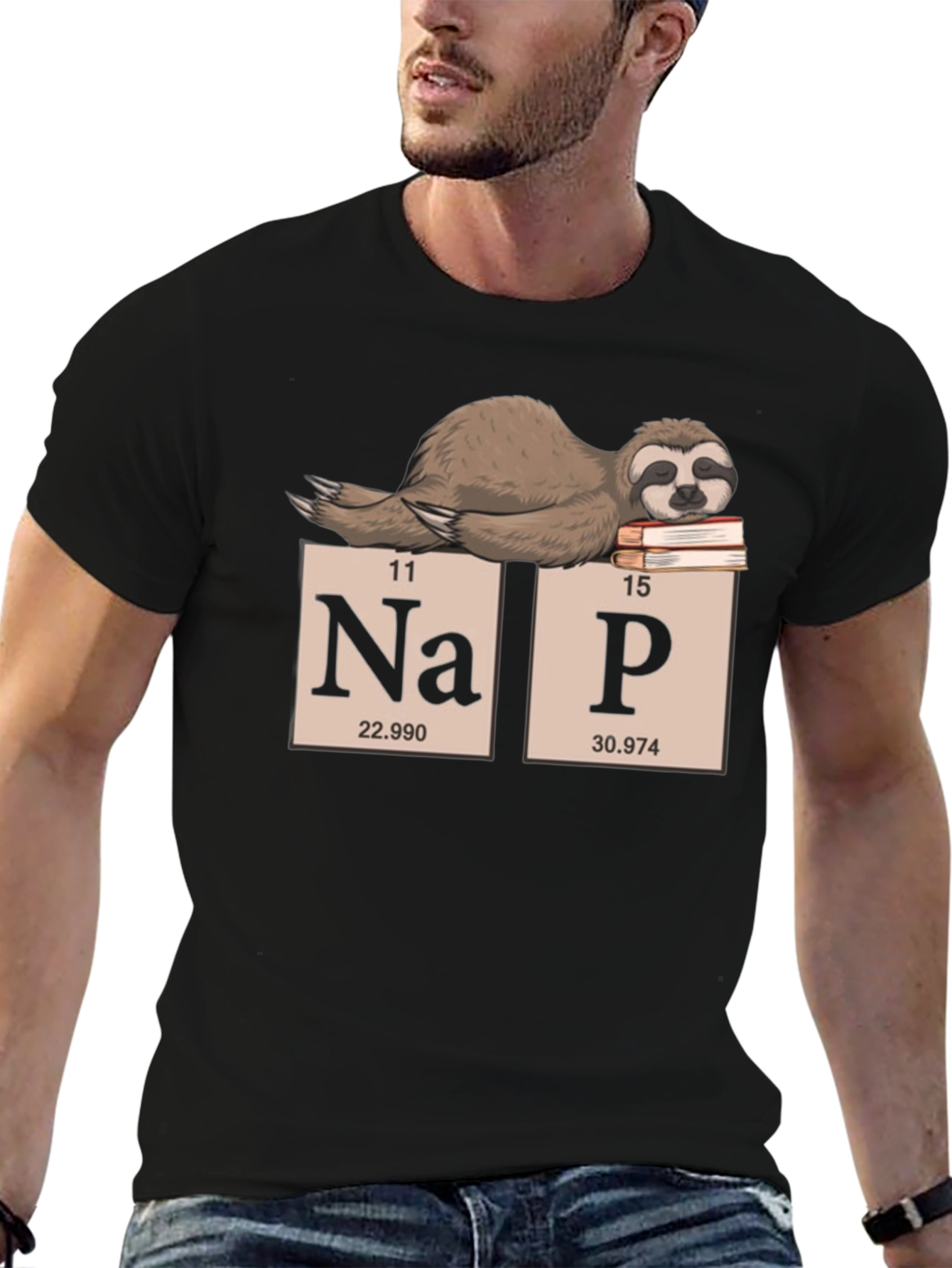 Black Nap Sloth Periodic Table T-Shirt - Chemistry Humor Tee view 6