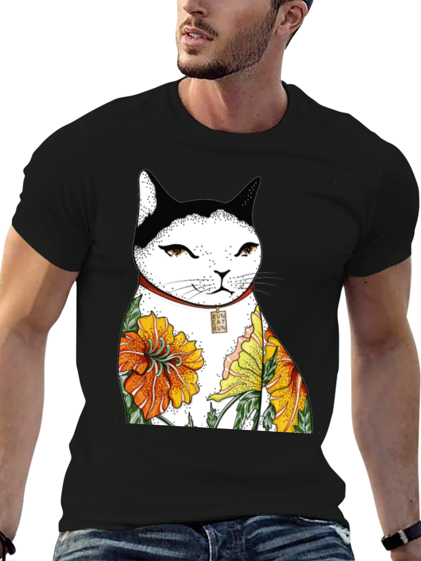 Black Cat & Flowers Black T-Shirt view 6