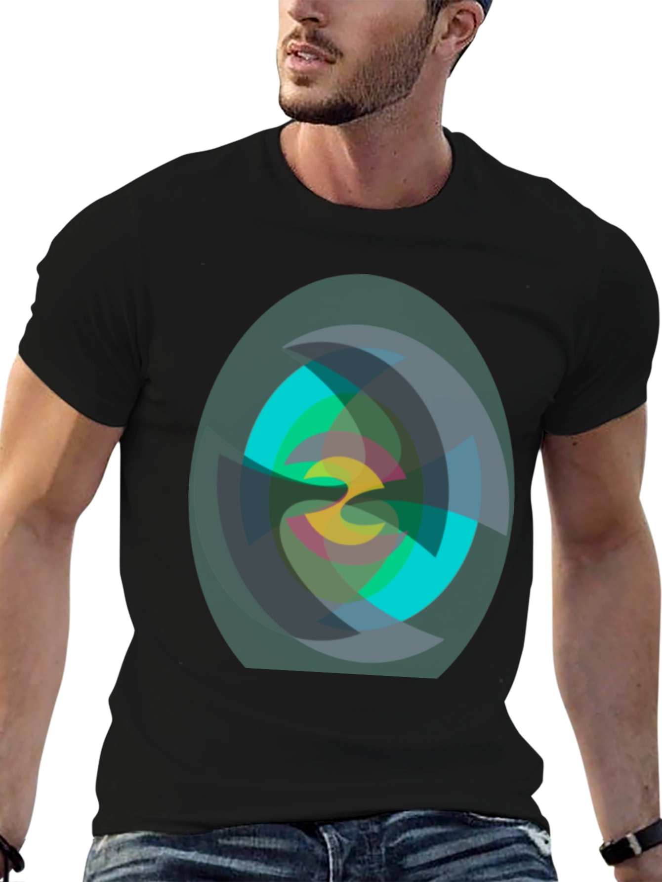 Black Abstract Geometric Print Black T-Shirt view 6