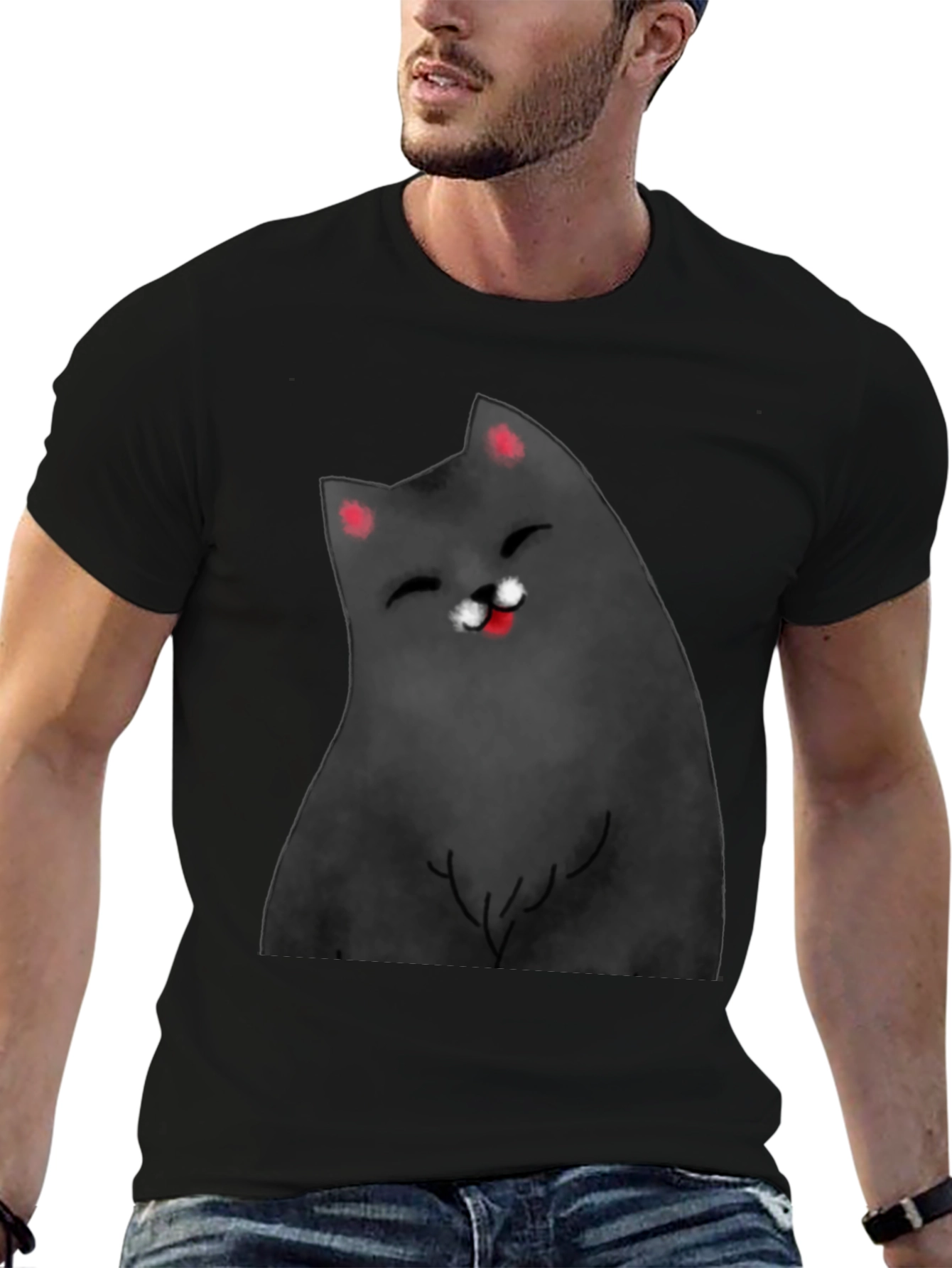 Black Smiling Cat Graphic Tee - Black Cotton Blend Shirt view 6