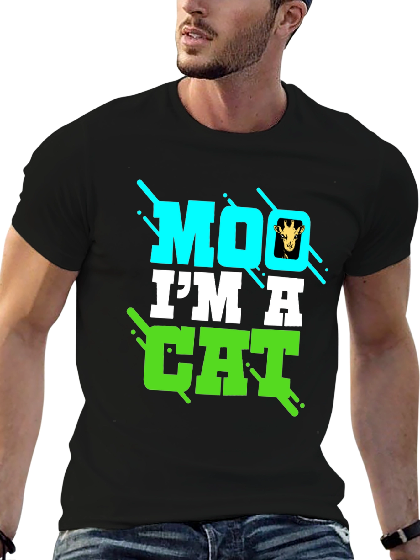 Black Funny Giraffe Moo I'm a Cat Graphic T-Shirt view 6