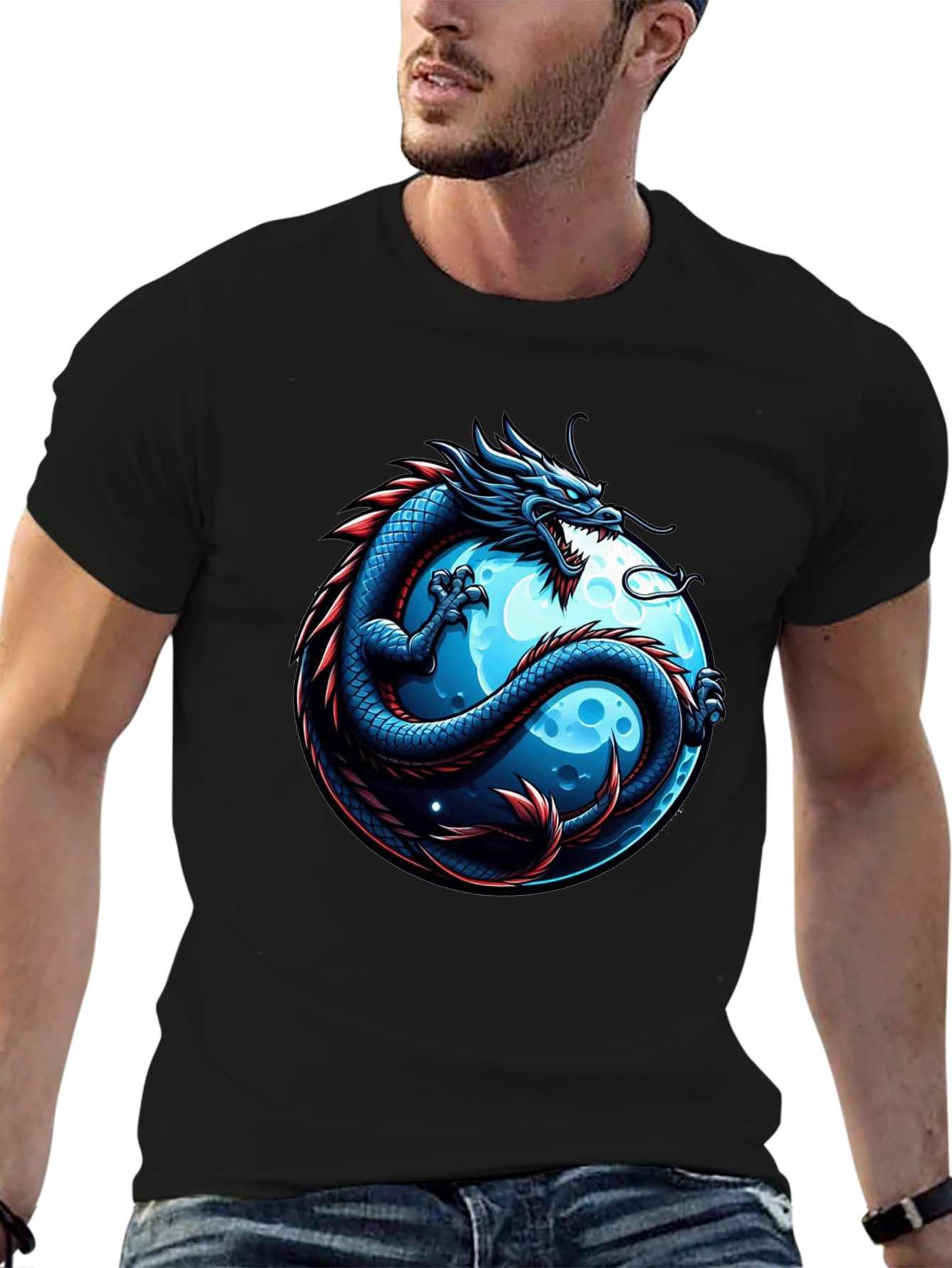 Black Dragon & Moon Graphic T-Shirt - Men's Black Tee view 6