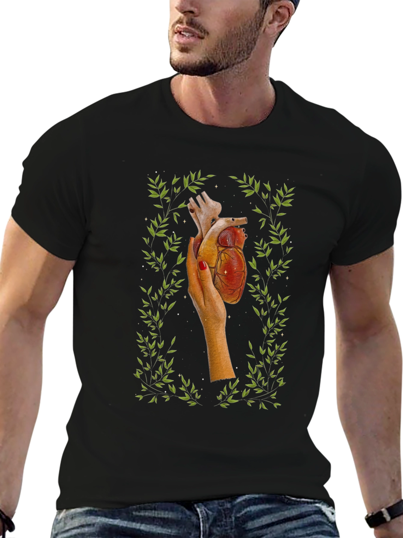 Black Anatomical Heart in Hand Tee view 6