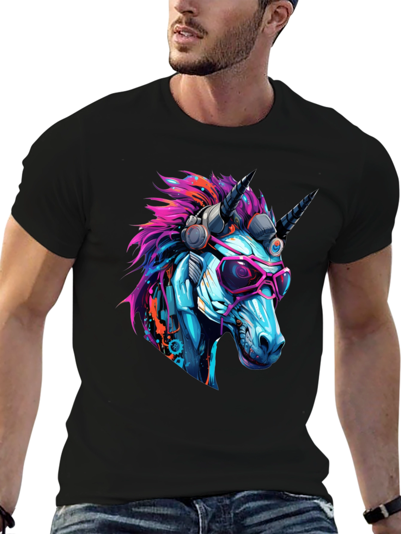Black Cyberpunk Unicorn Graphic T-Shirt - Cool, Edgy Design view 6