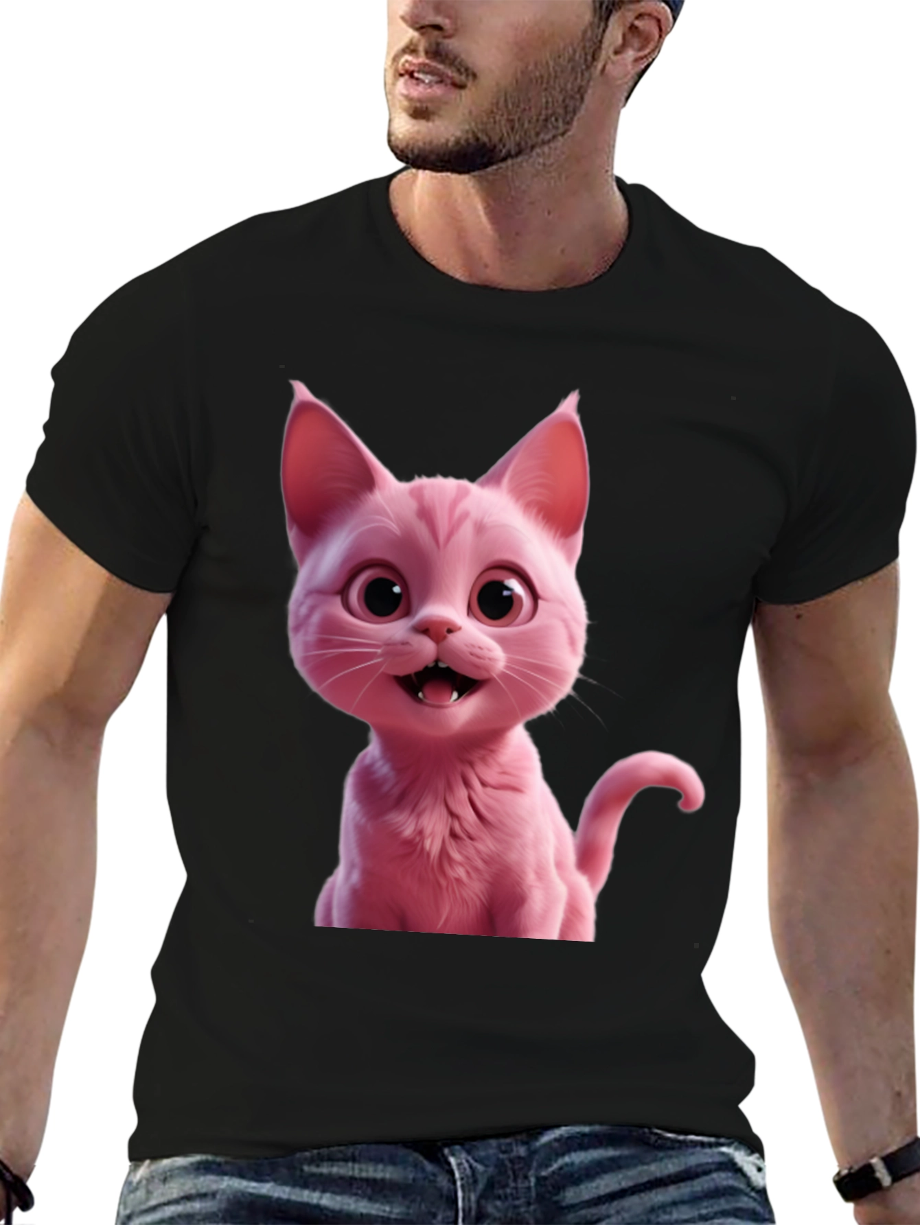 Black Pink Cat Graphic Tee - Black Unisex T-Shirt view 6