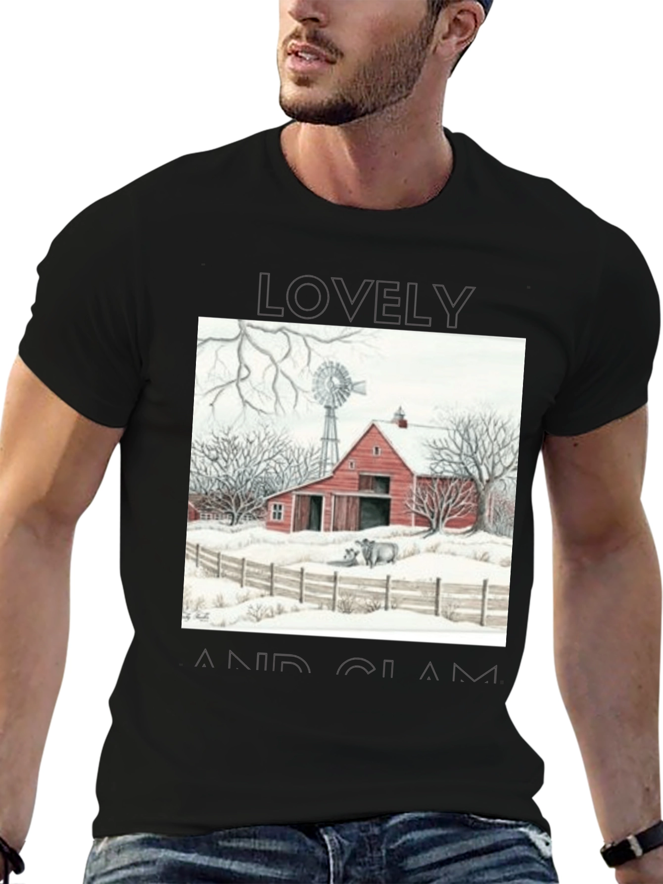 Black Rustic Barn Winter Scene Graphic Tee view 6