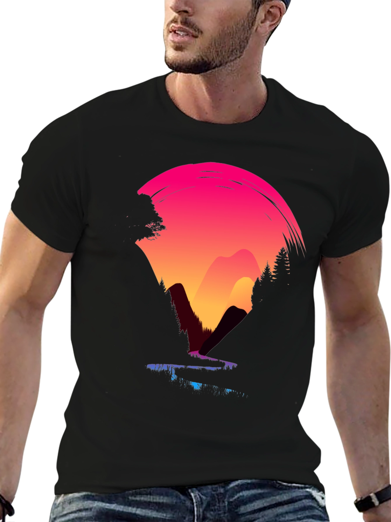 Black Sunset Mountain Graphic Tee - Black Casual Shirt view 6
