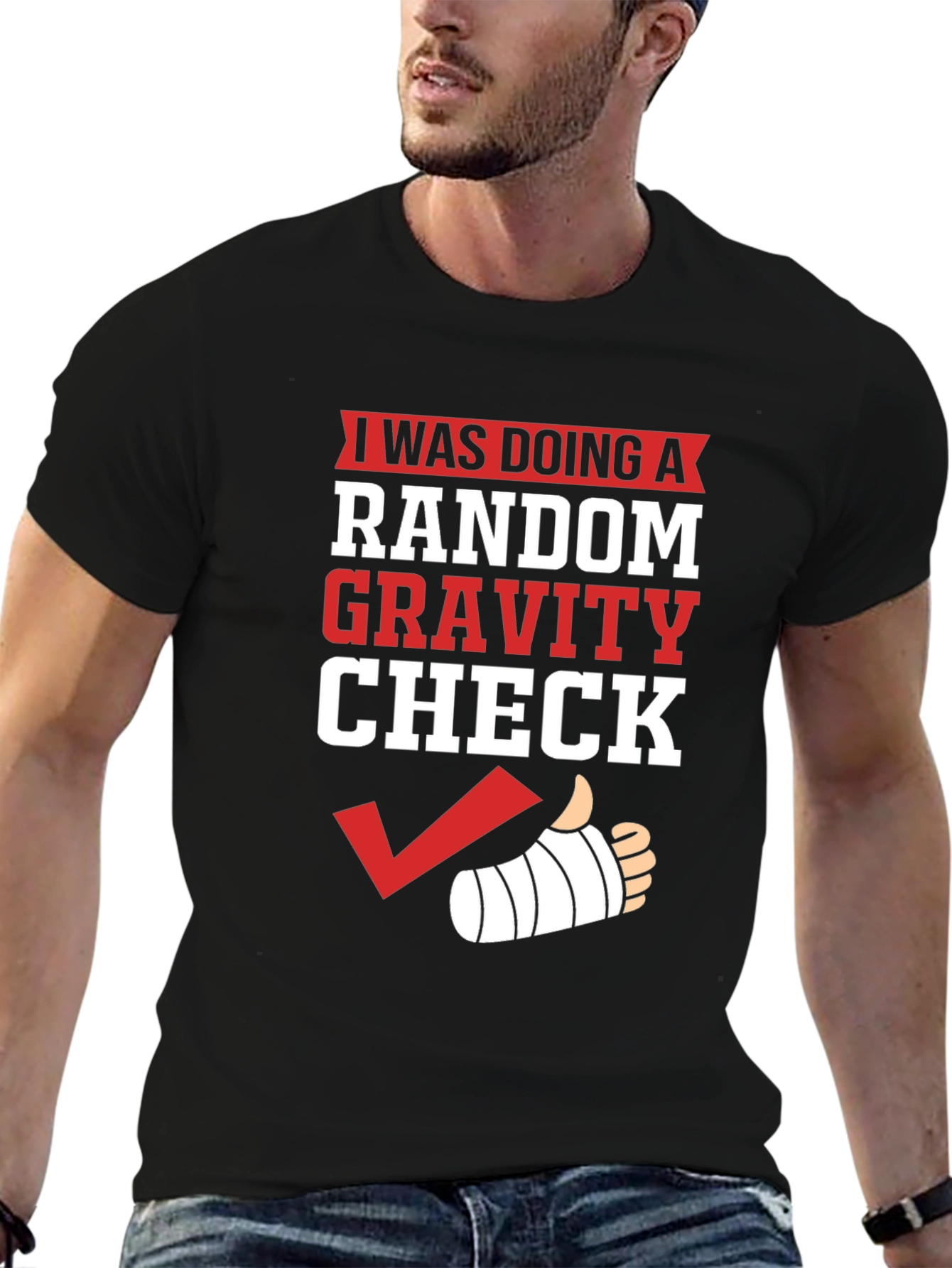 Black Random Gravity Check Humor T-Shirt view 6