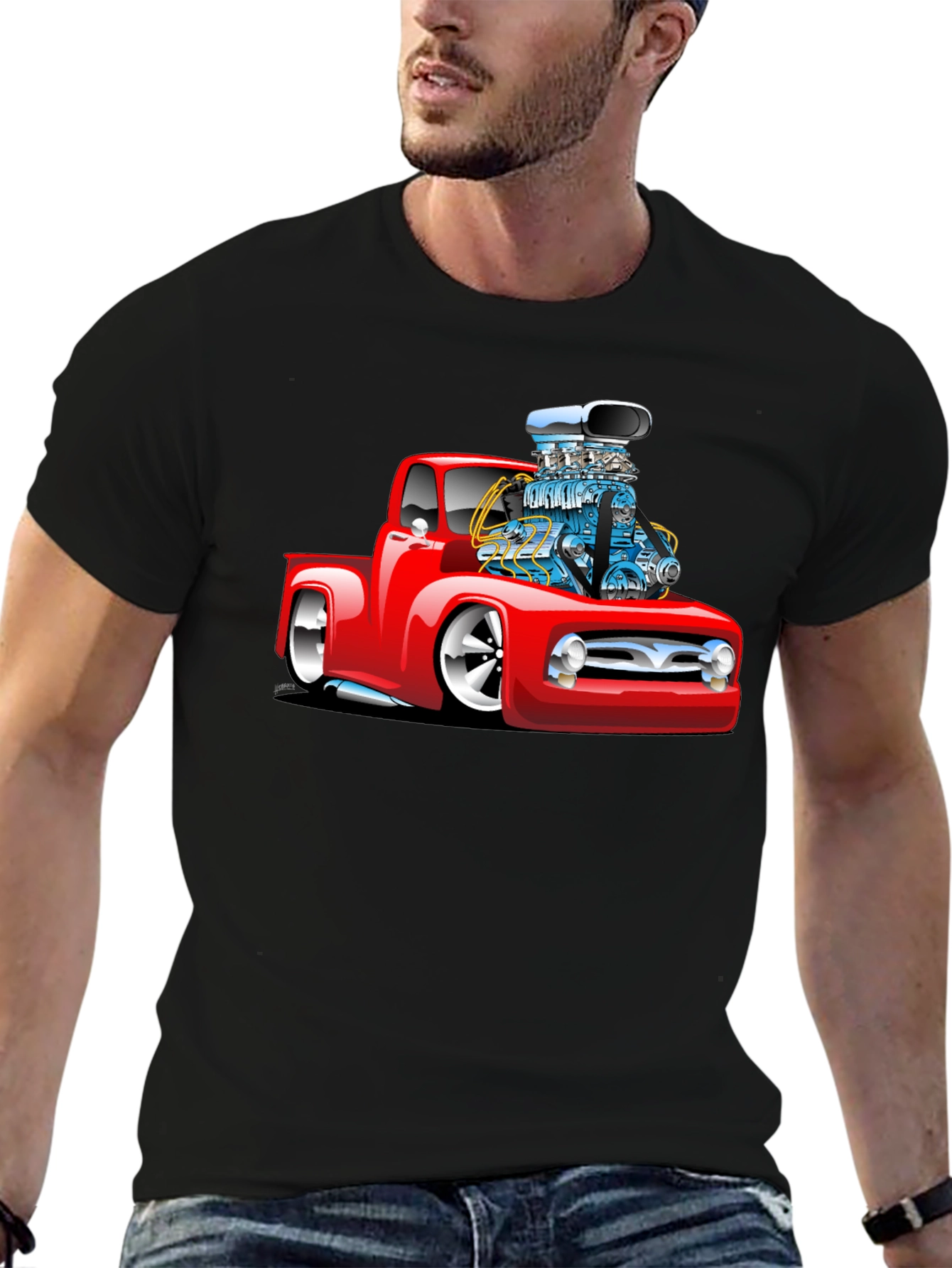 Black Red Hot Rod Truck Graphic Tee - Black view 6