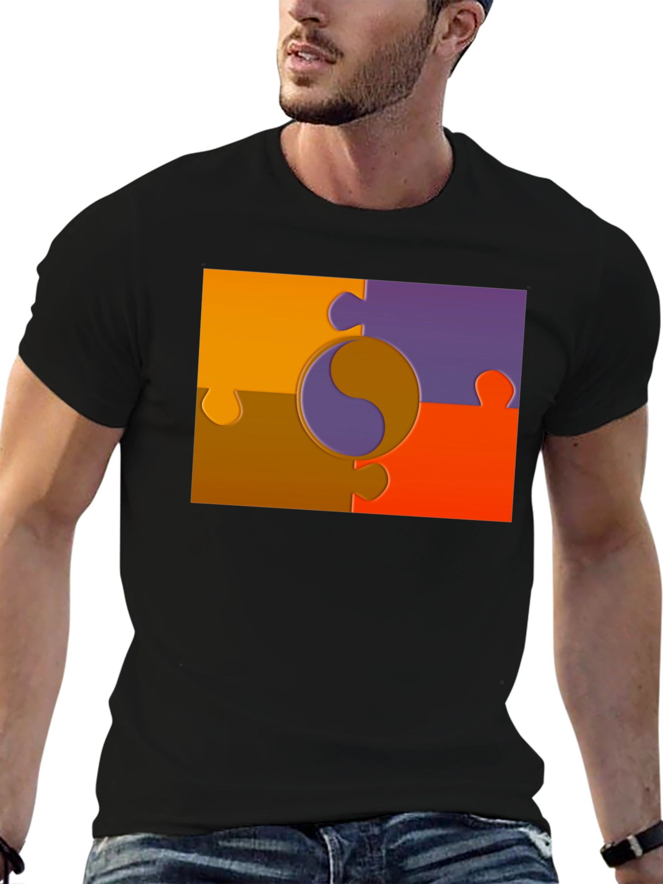 Black Yin Yang Puzzle Piece Graphic T-Shirt view 6