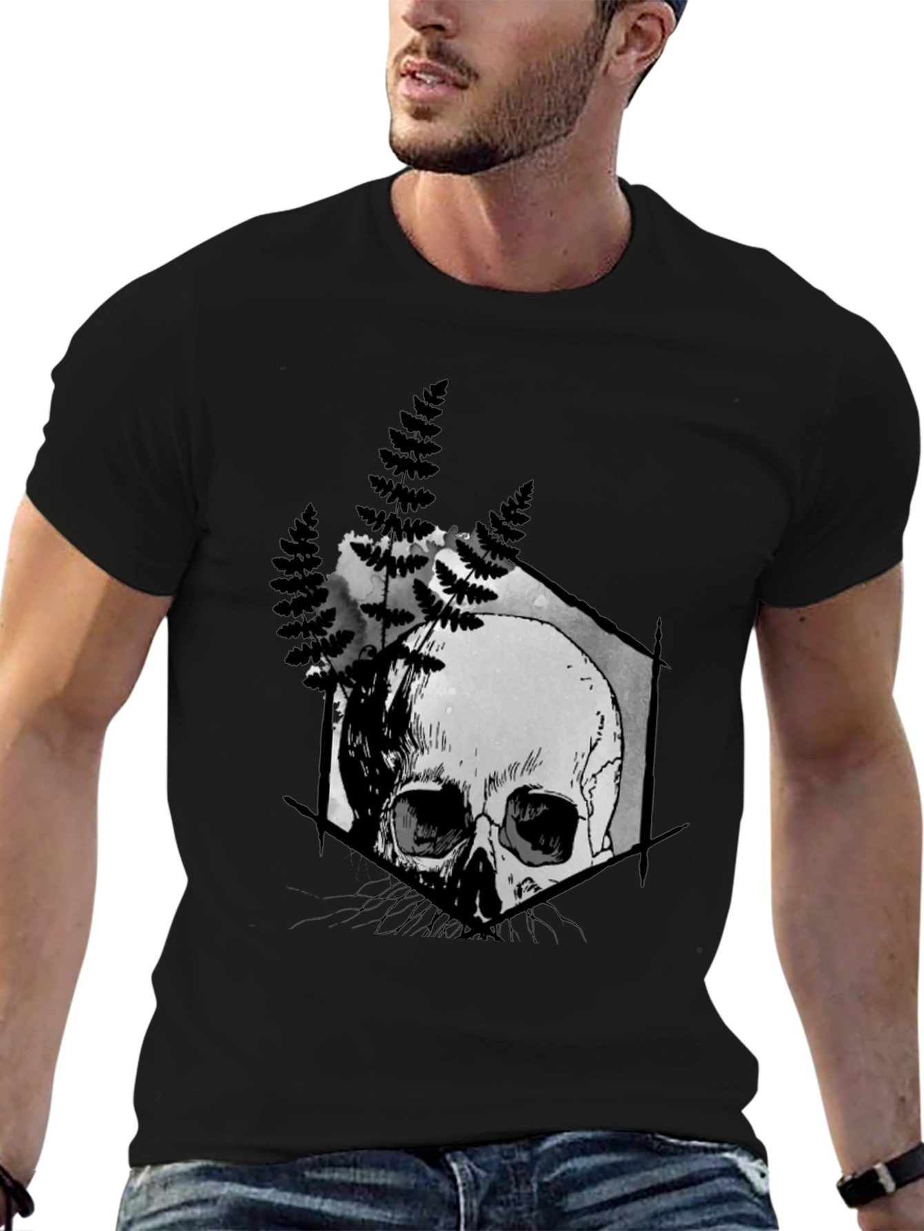 Black Skull Fern Graphic Print Black T-Shirt view 6