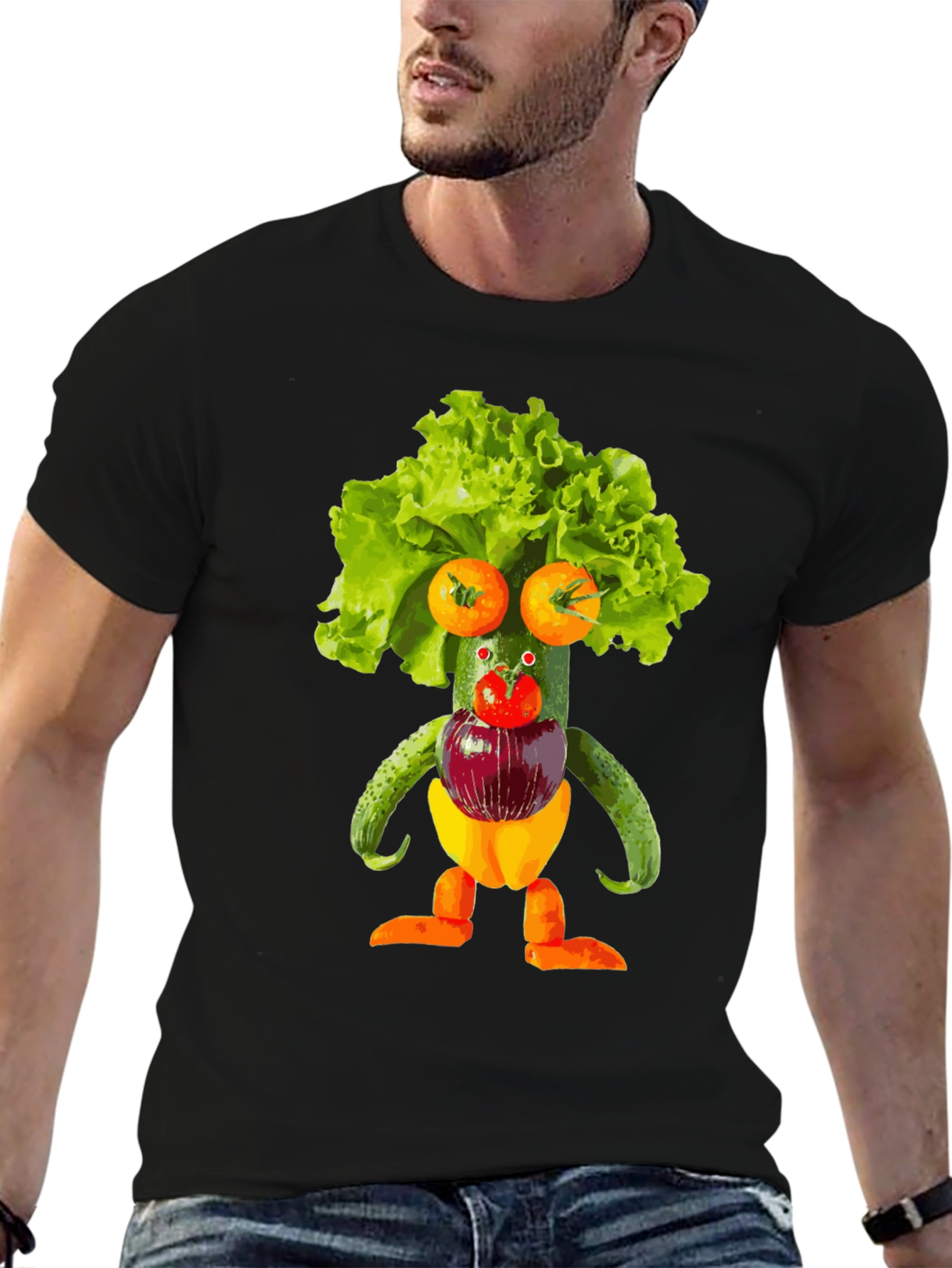 Black Whimsical Vegetable Art T-Shirt - Unique Foodie Fashion view 6