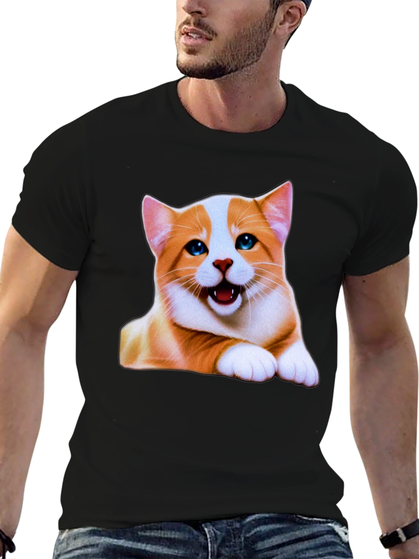 Black Cute Cat Graphic Tee - Men's Black T-Shirt view 6
