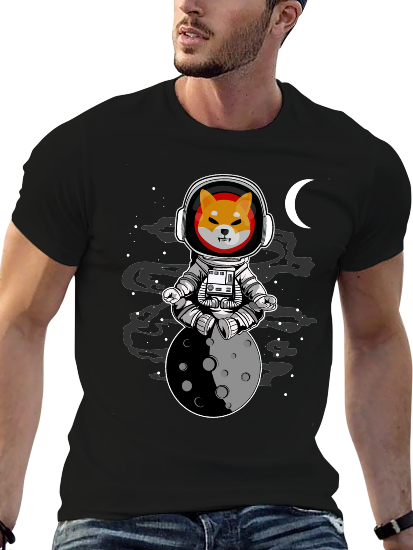 Black Shiba Inu Astronaut T-Shirt - Moon Meditation view 6