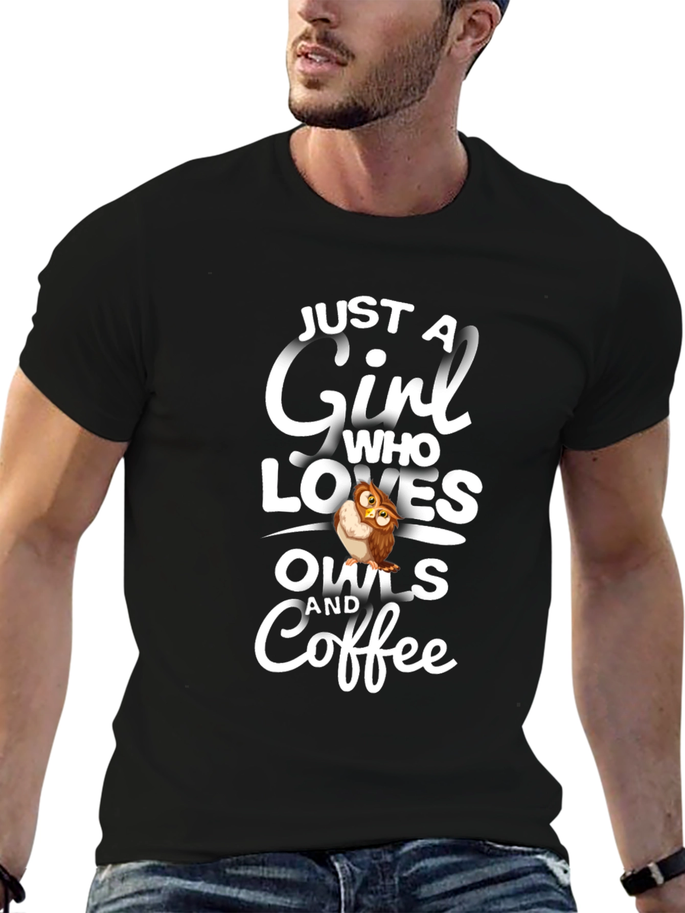 Black Just a Girl Who Loves Owls and Coffee T-Shirt view 6