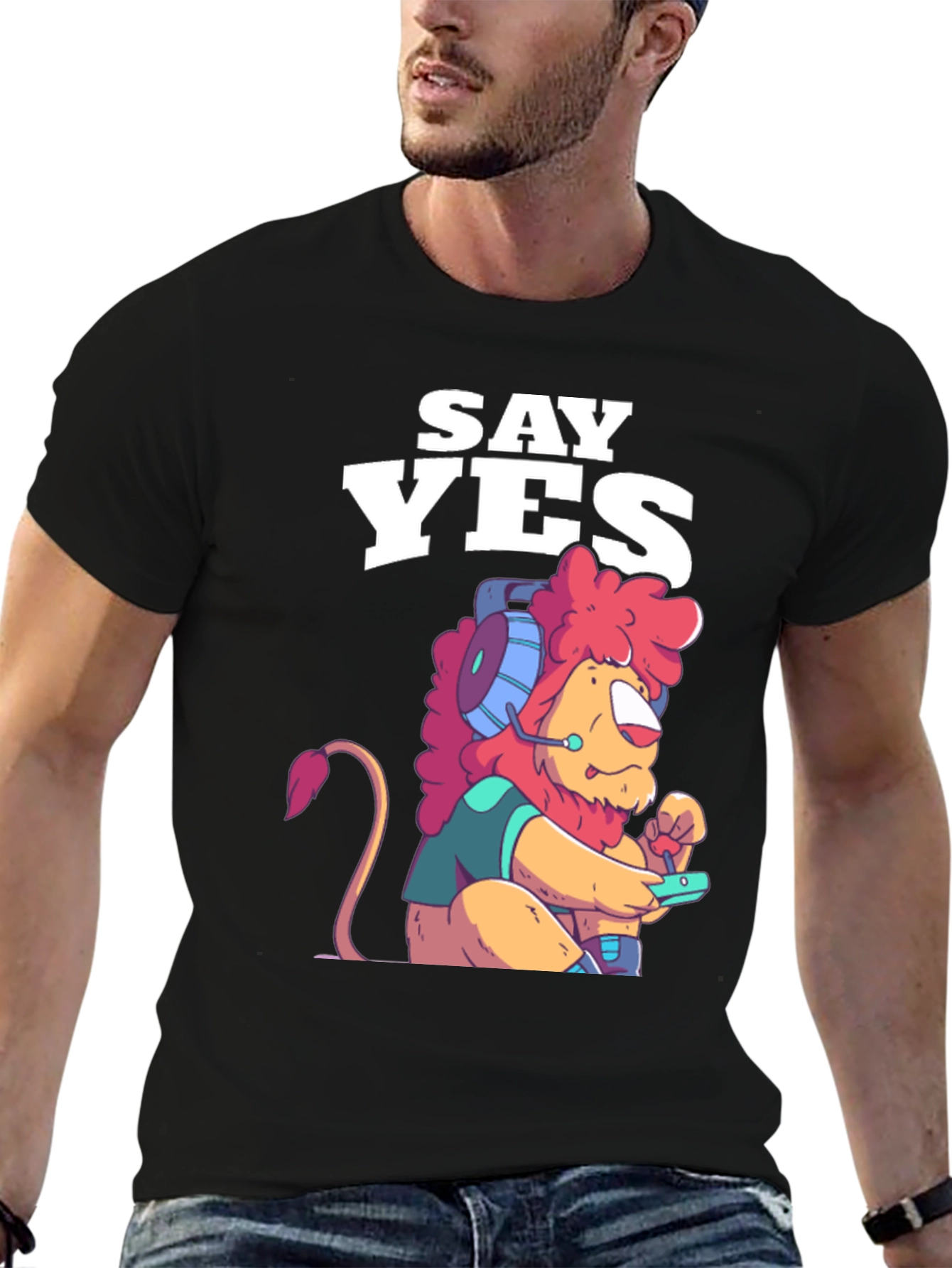 Black Say Yes Lion Gamer Graphic Tee - Black view 6