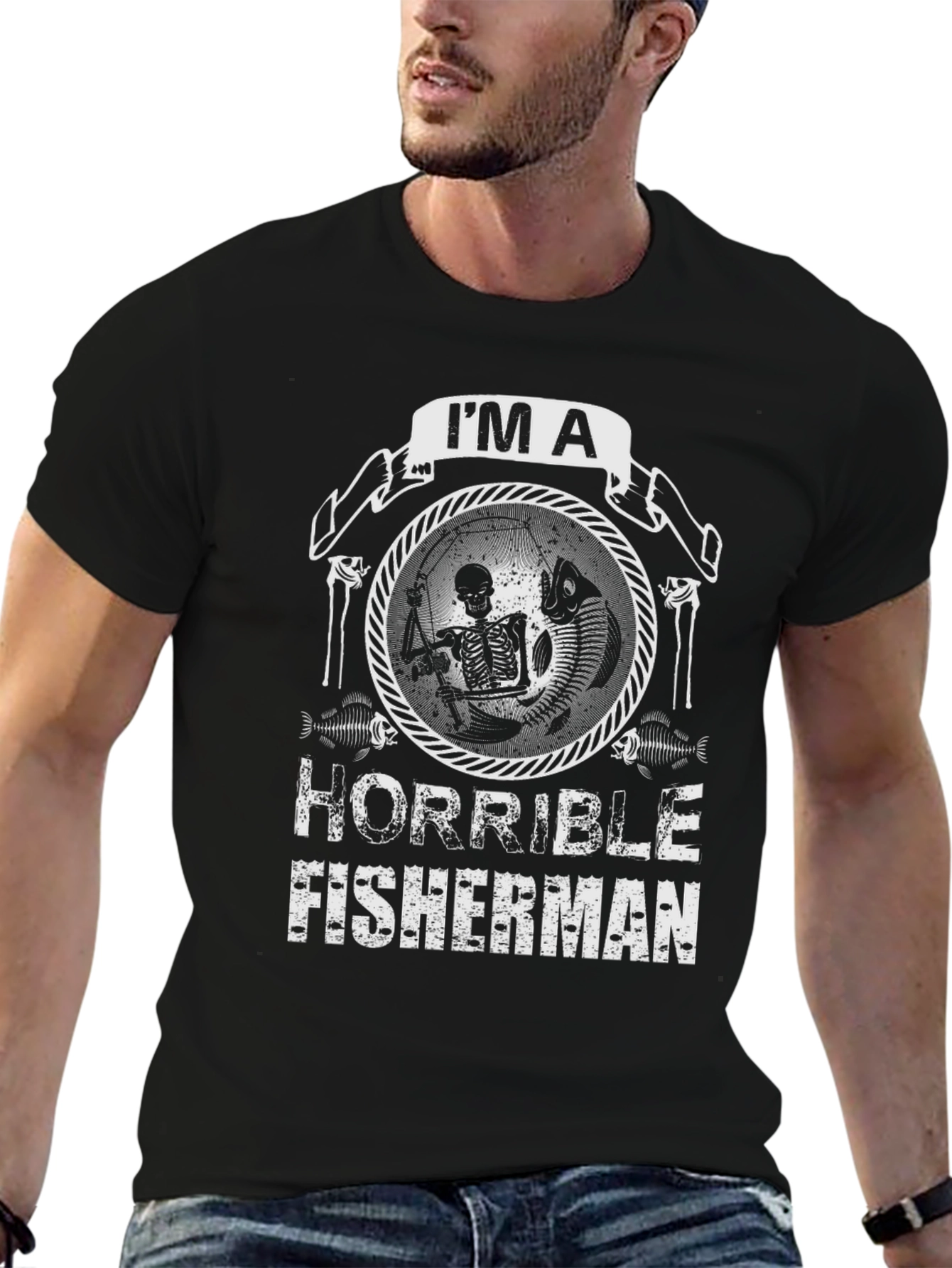 Black Horrible Fisherman Skeleton Graphic T-Shirt view 6