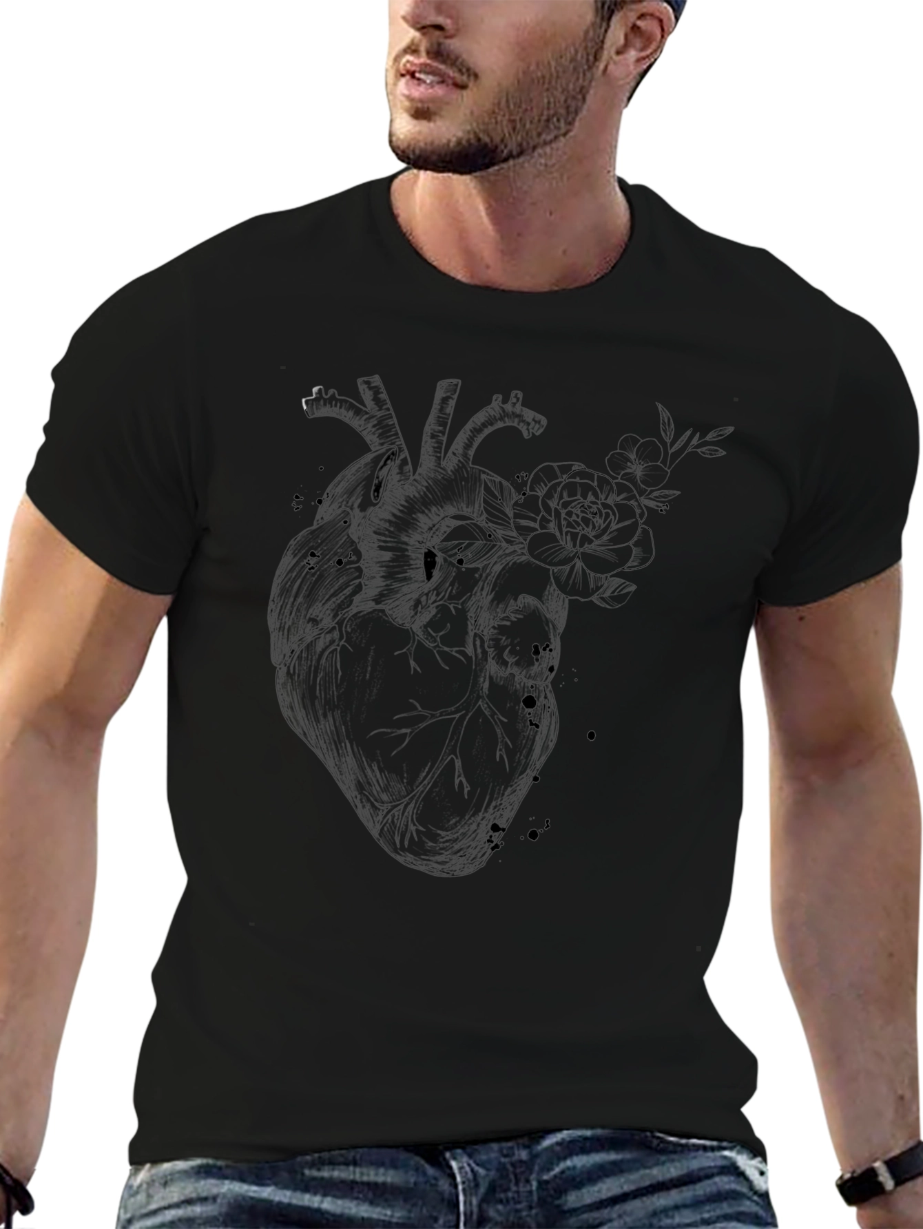 Black Anatomical Heart Floral Graphic Black T-Shirt view 6